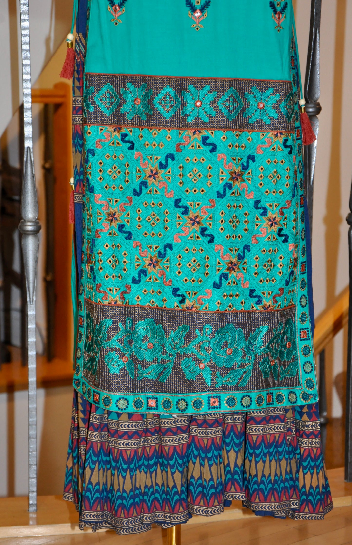 Teal & Blue Layered Kurti with Criss-Cross Tie Detail