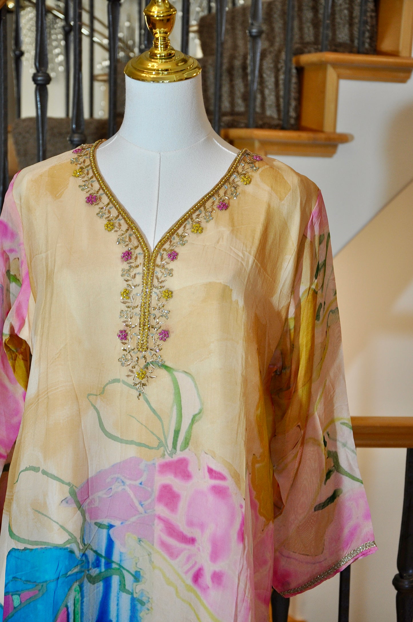 Multicolor Floral Kurti with Bead Embroidered Neckline