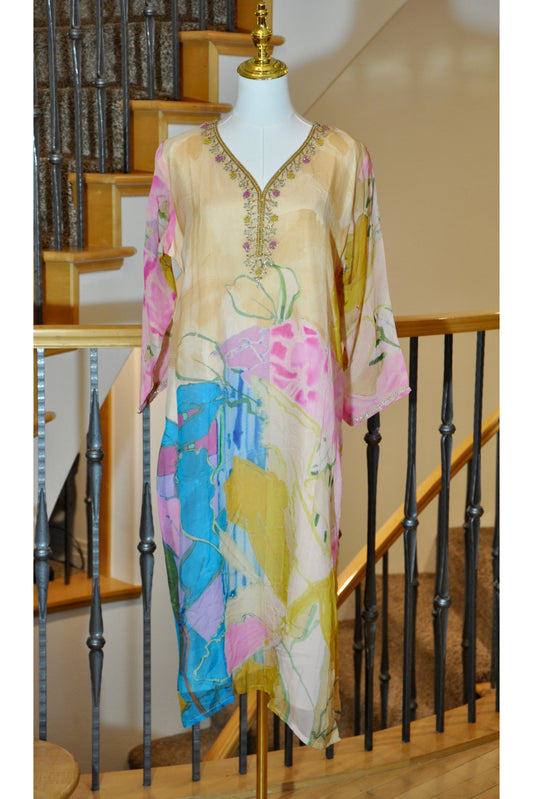 Multicolor Floral Kurti with Bead Embroidered Neckline