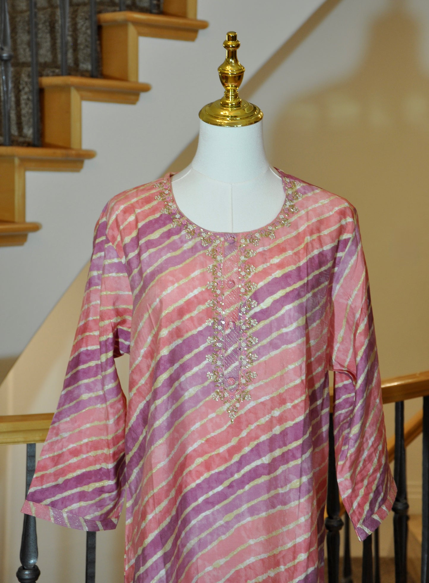 Striped Multicolor Kurti with Beaded Floral Embroidery