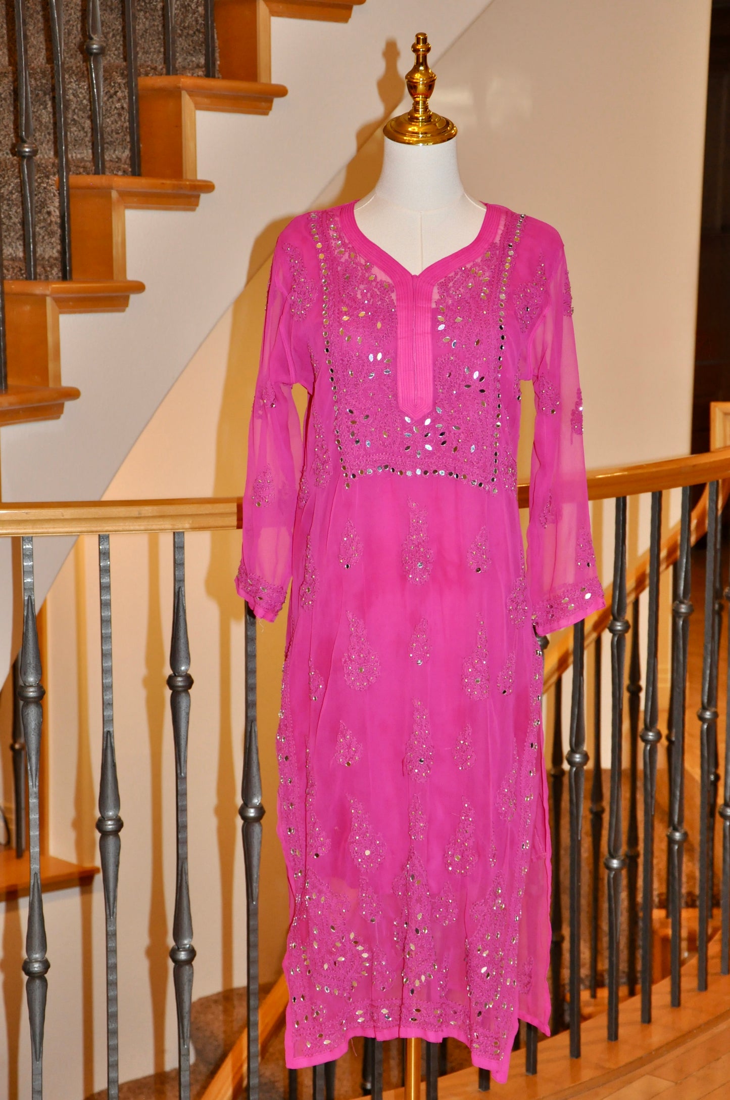 Sutra Pink Two-Piece Kurti Set with Sheer Embroidery & Mirror Work