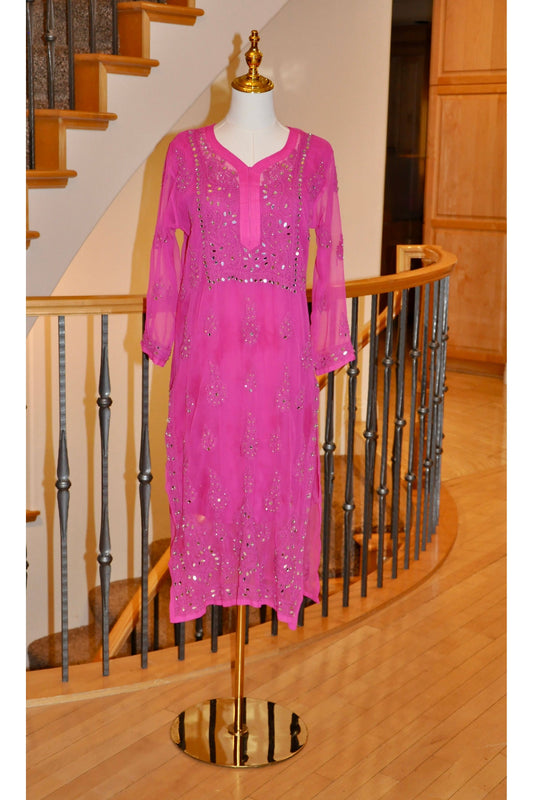 Sutra Pink Two-Piece Kurti Set with Sheer Embroidery & Mirror Work