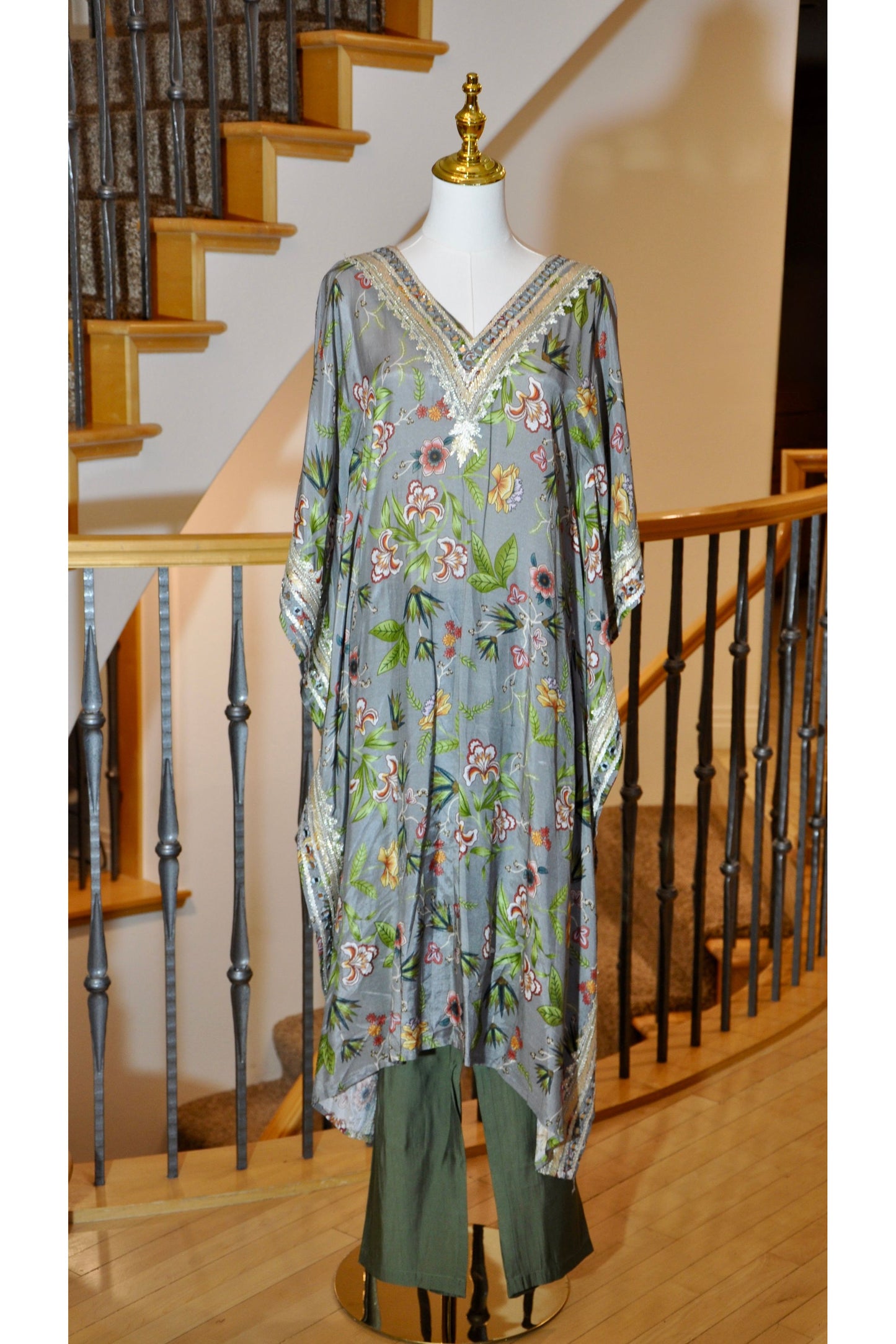 Sage Green & Grey Kaftan Two-Piece Co Cord Set with Floral Prints & Sequin Detailing