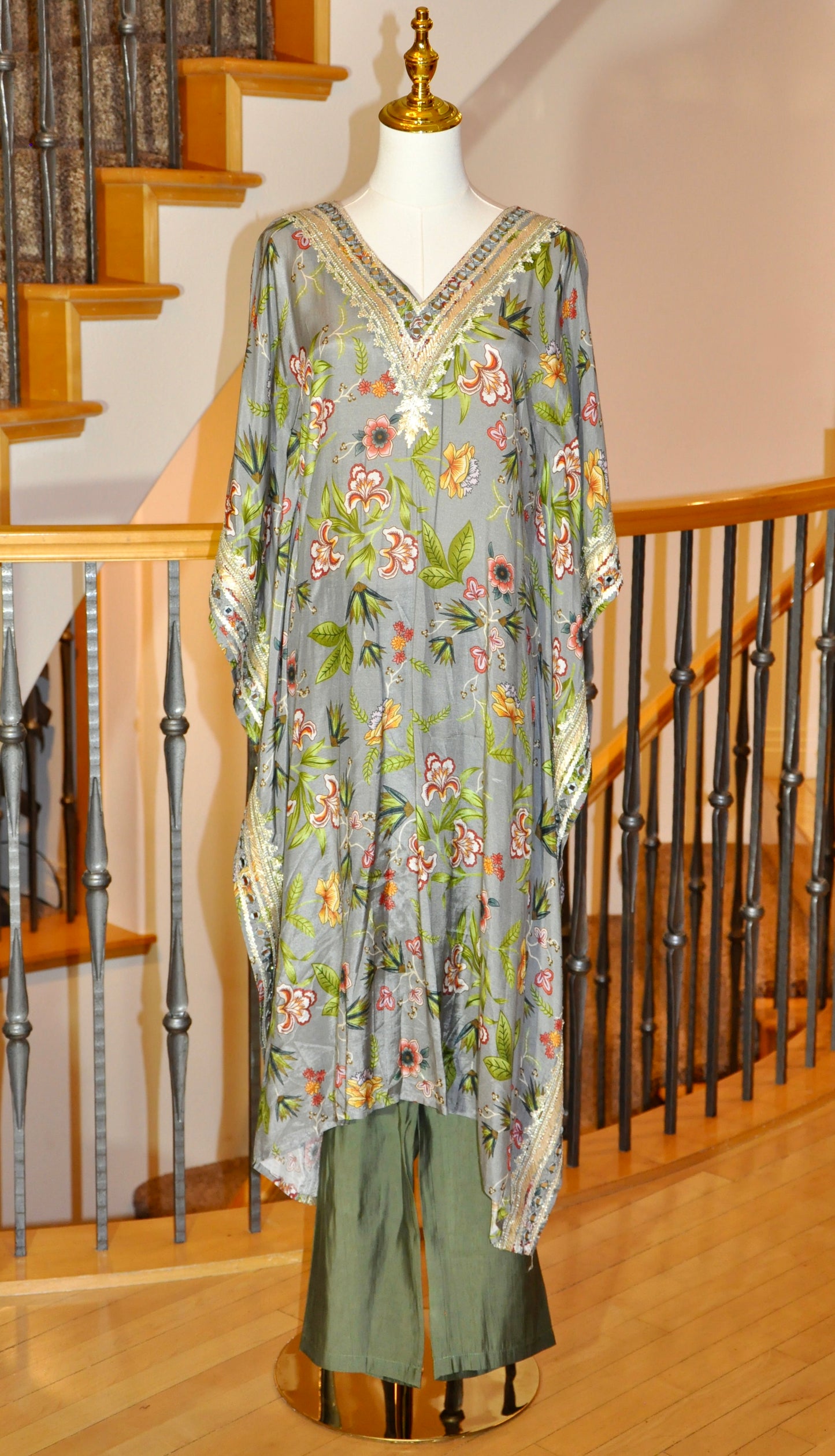 Sage Green & Grey Kaftan Two-Piece Co Cord Set with Floral Prints & Sequin Detailing