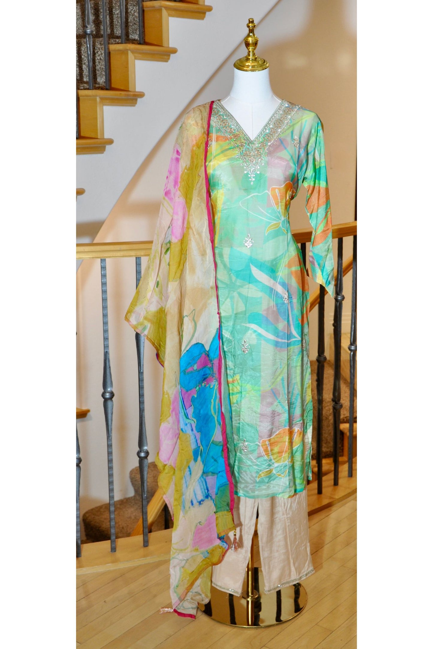 Watercolor Floral Three-Piece Kurta Set with Embroidered Neckline