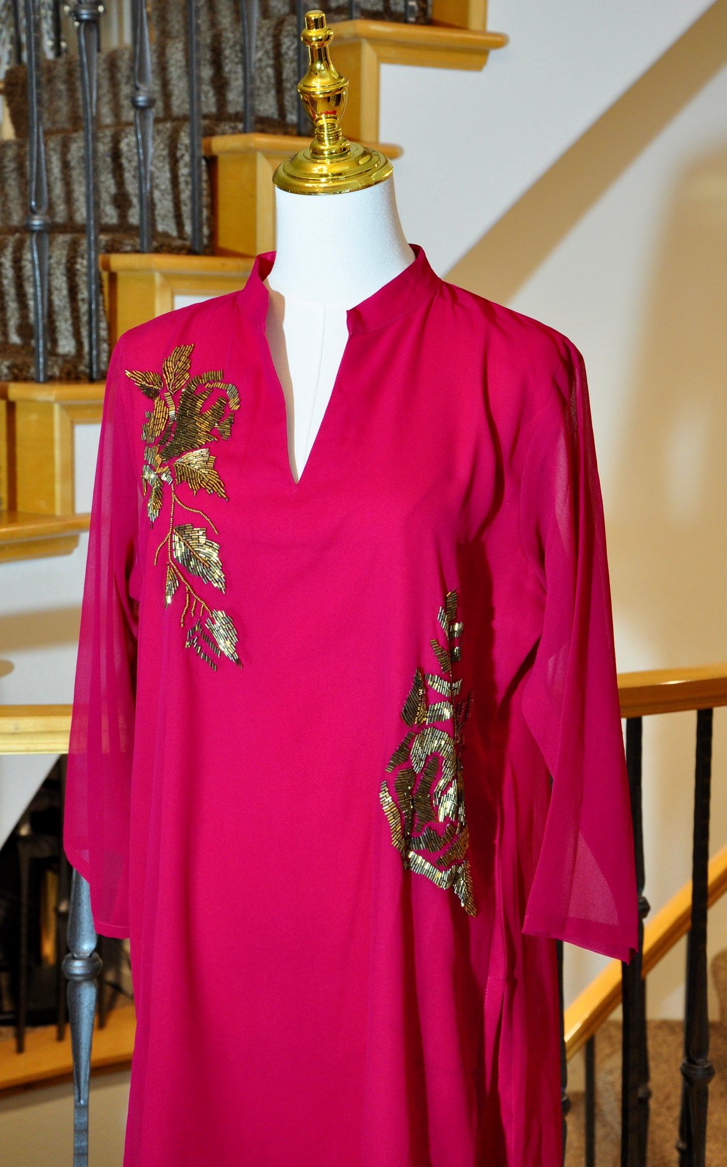 Rich Pink Flowy Kurti with Gold Bead Floral Embroidery