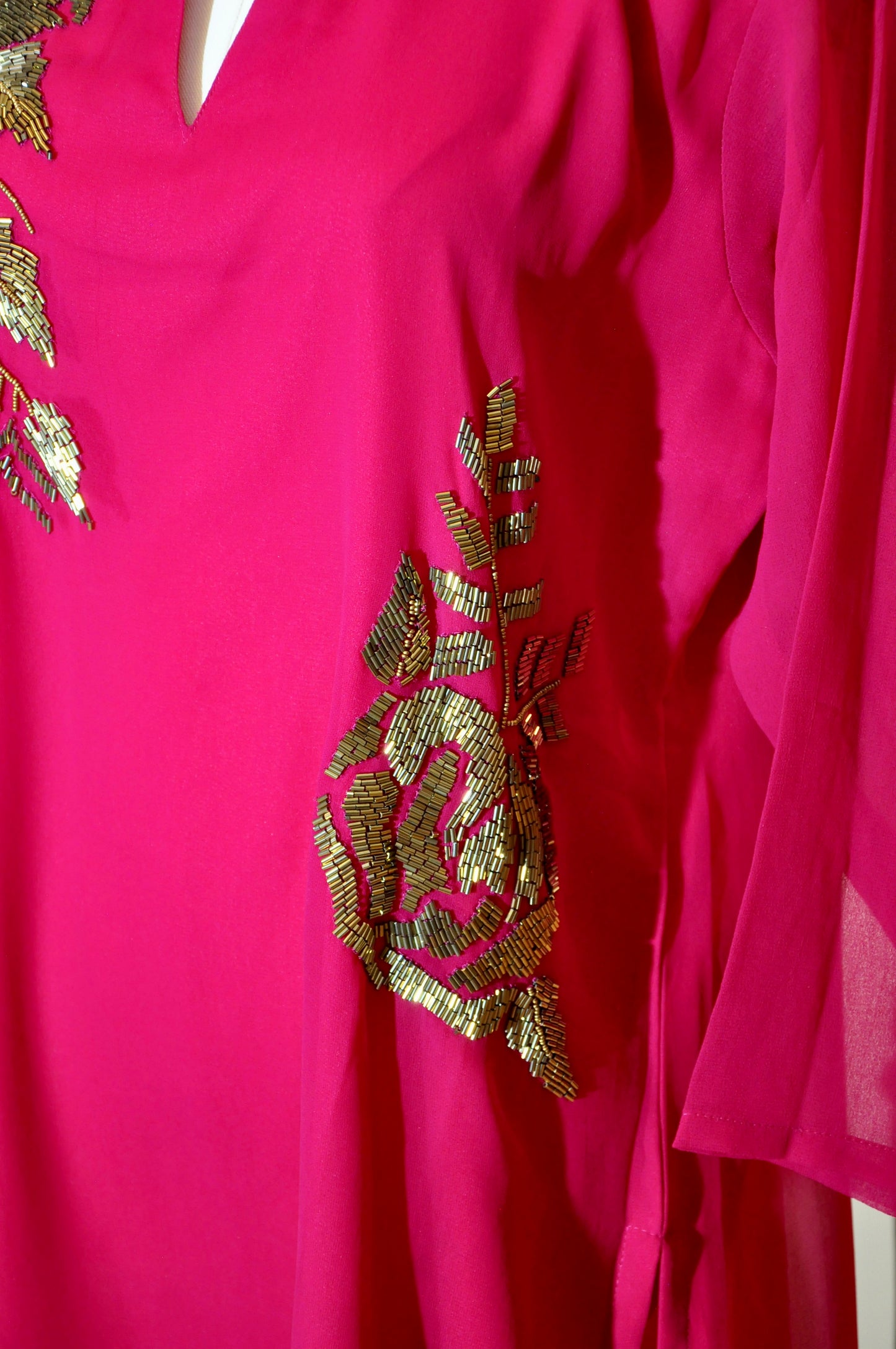 Rich Pink Flowy Kurti with Gold Bead Floral Embroidery