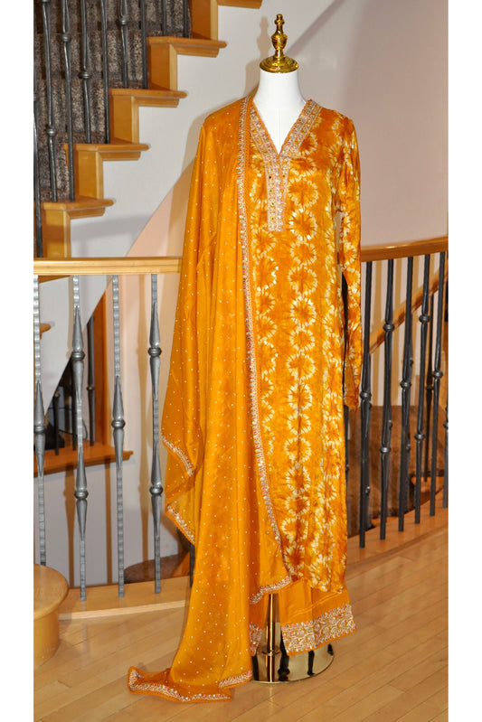 Yellow-Orange Tie-Dye Kurta Set with Zari Embroidery & Rhinestone Dupatta