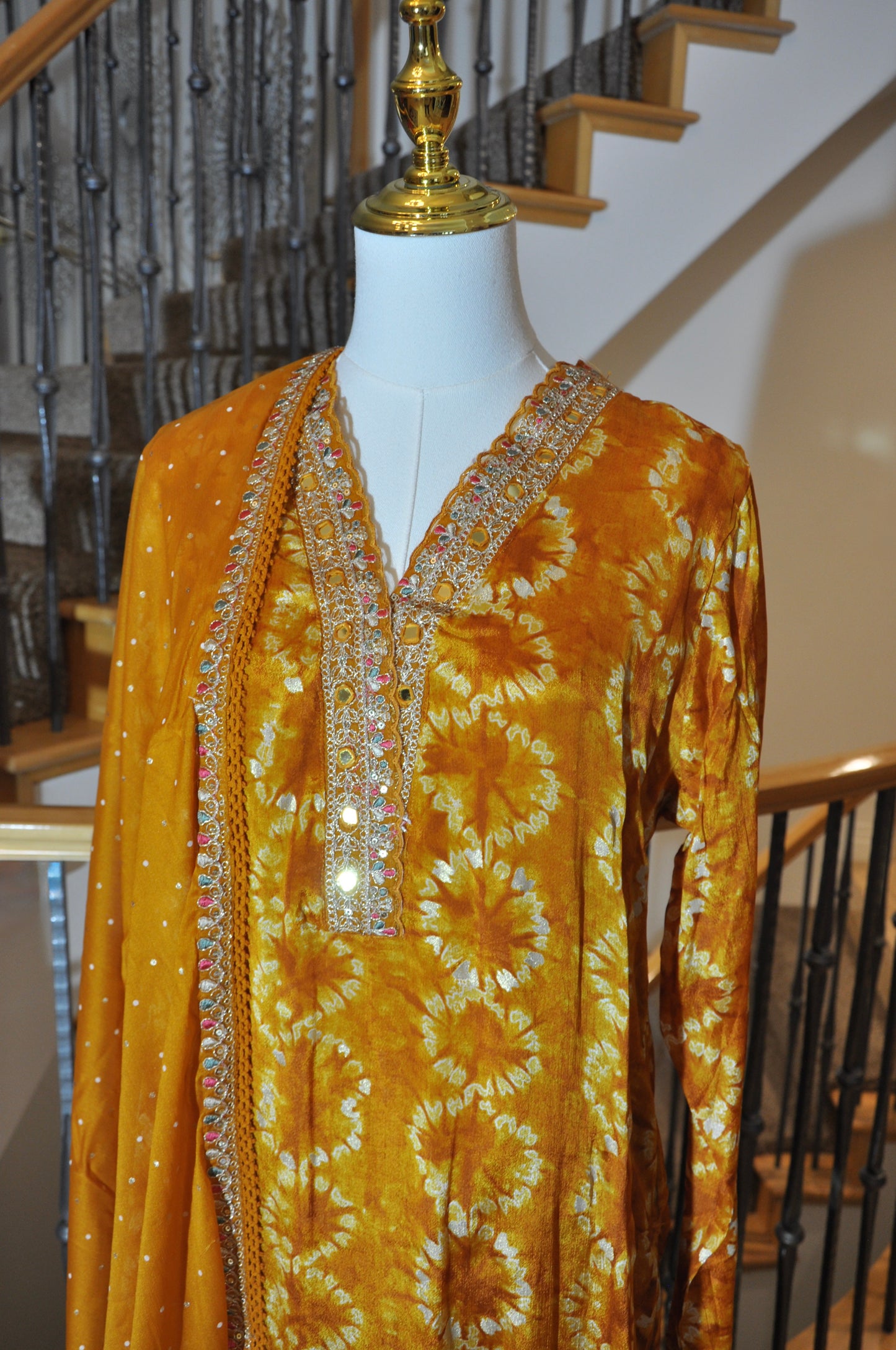 Yellow-Orange Tie-Dye Kurta Set with Zari Embroidery & Rhinestone Dupatta