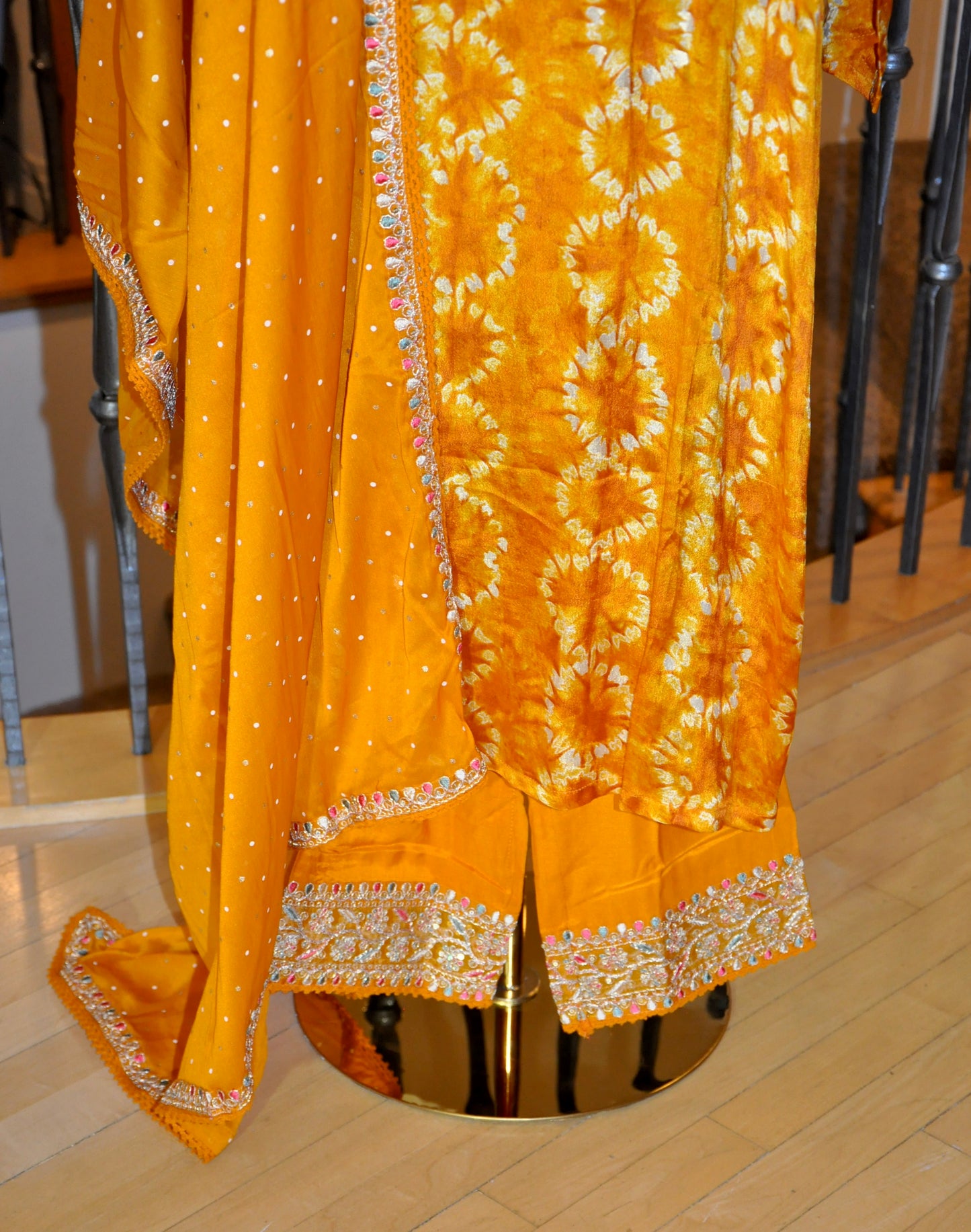 Yellow-Orange Tie-Dye Kurta Set with Zari Embroidery & Rhinestone Dupatta