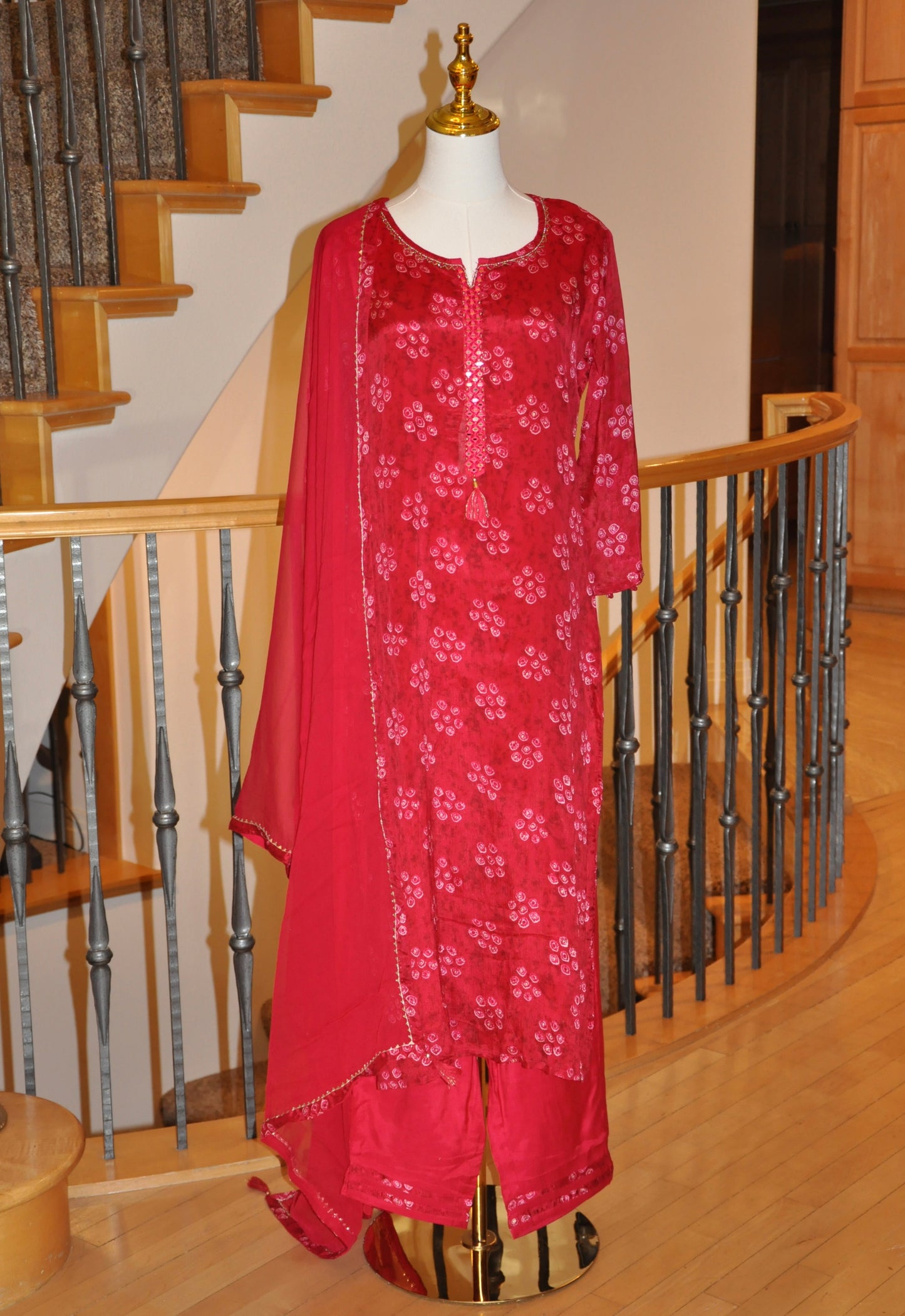 Red Kurta Set with Bead Embroidery, Mirror Work & Sequin Border