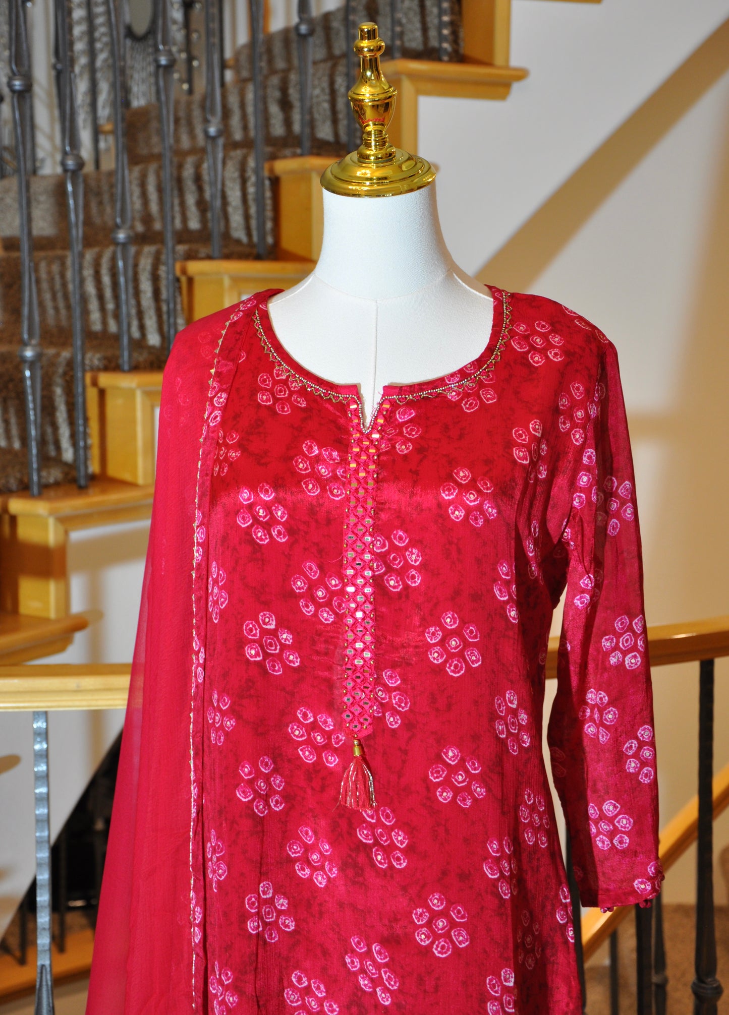 Red Kurta Set with Bead Embroidery, Mirror Work & Sequin Border