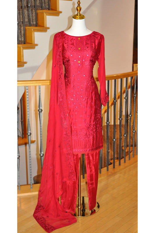 Red Kurta Set with Embroidery & Mirror Work