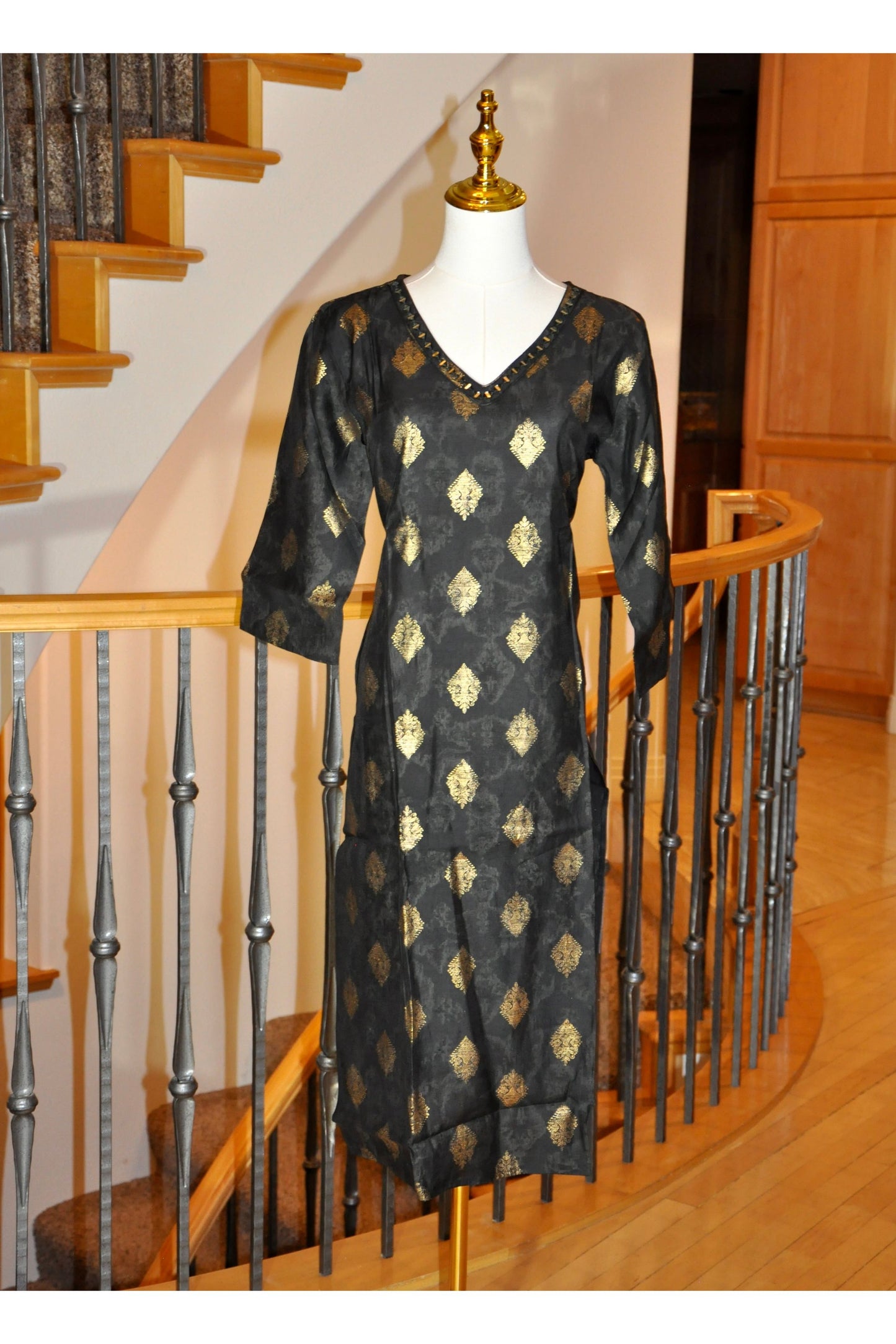 Black Kurti with All-Over Gold Prints