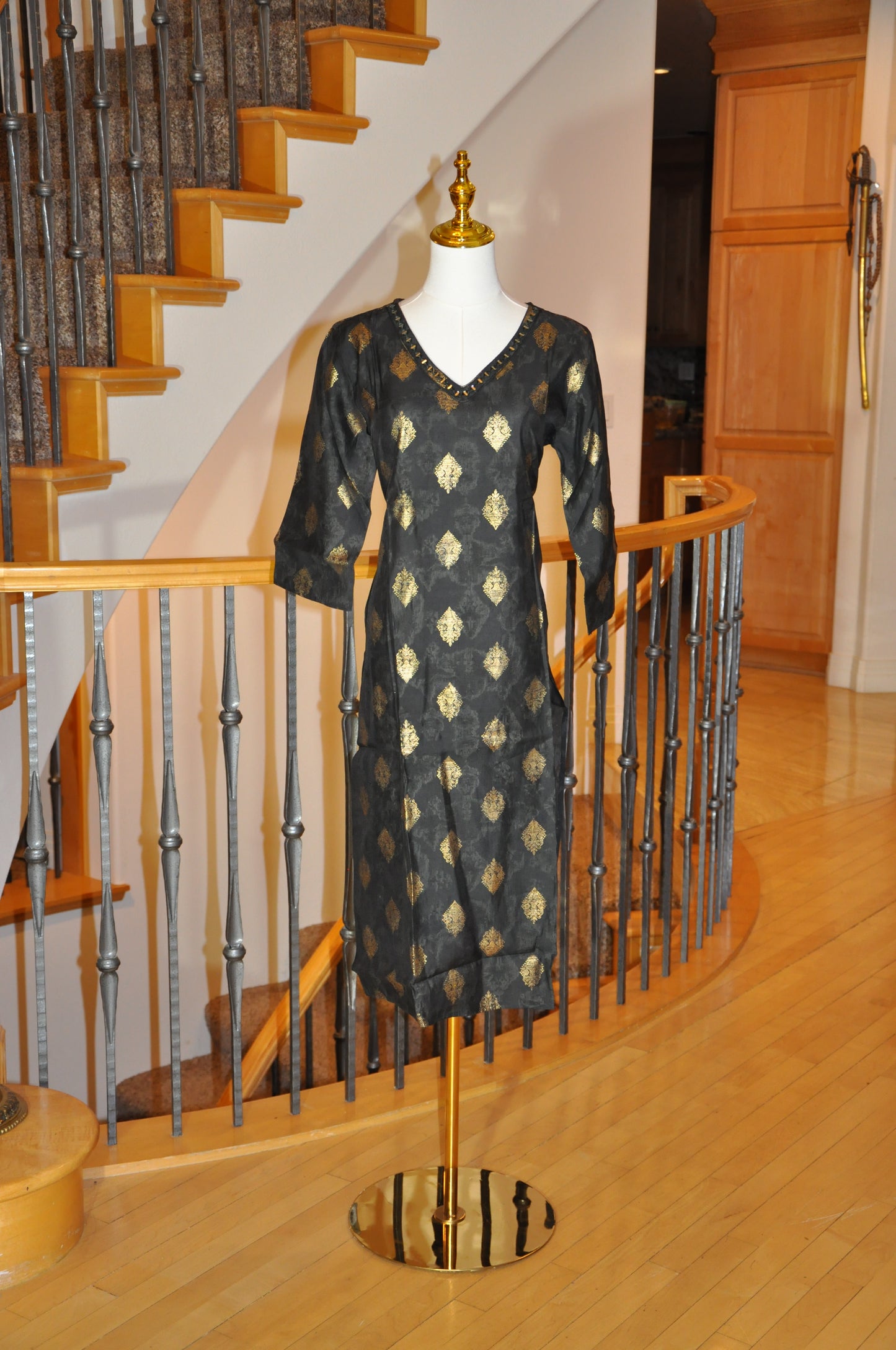 Black Kurti with All-Over Gold Prints