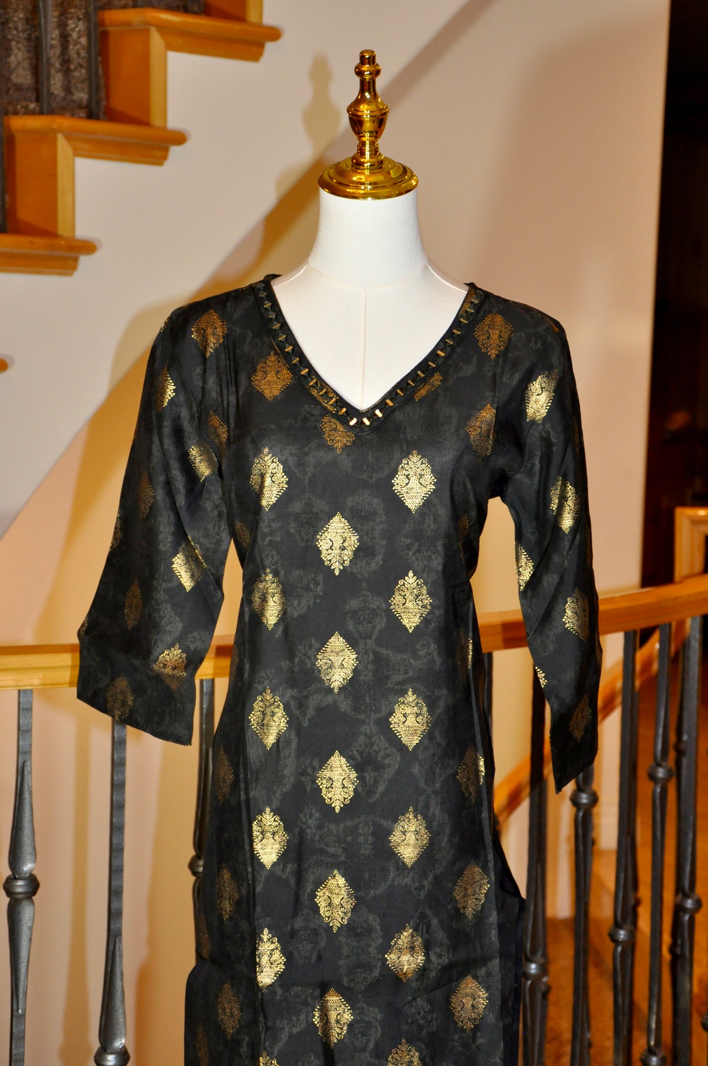 Black Kurti with All-Over Gold Prints