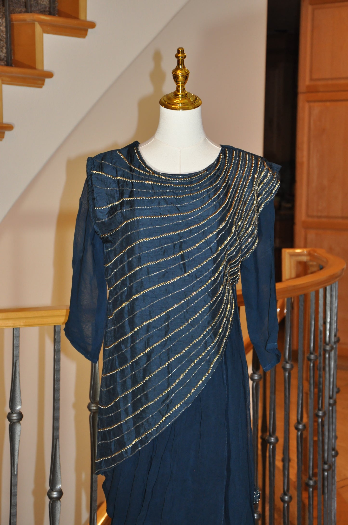 Indo-Western Blue Dress with Saree Illusion & Embroidered Vest Overlay