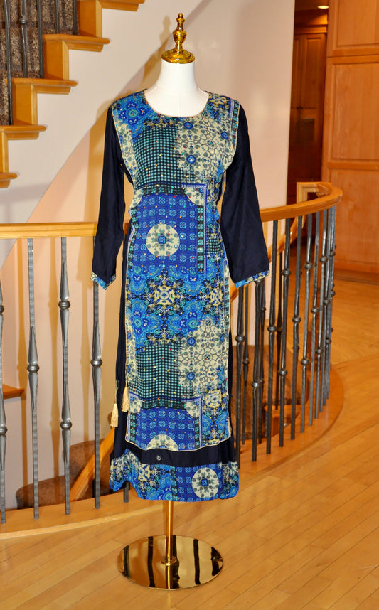 Blue Kurti with Layered Illusion, Criss-Cross Tie & Rhinestone Detailing