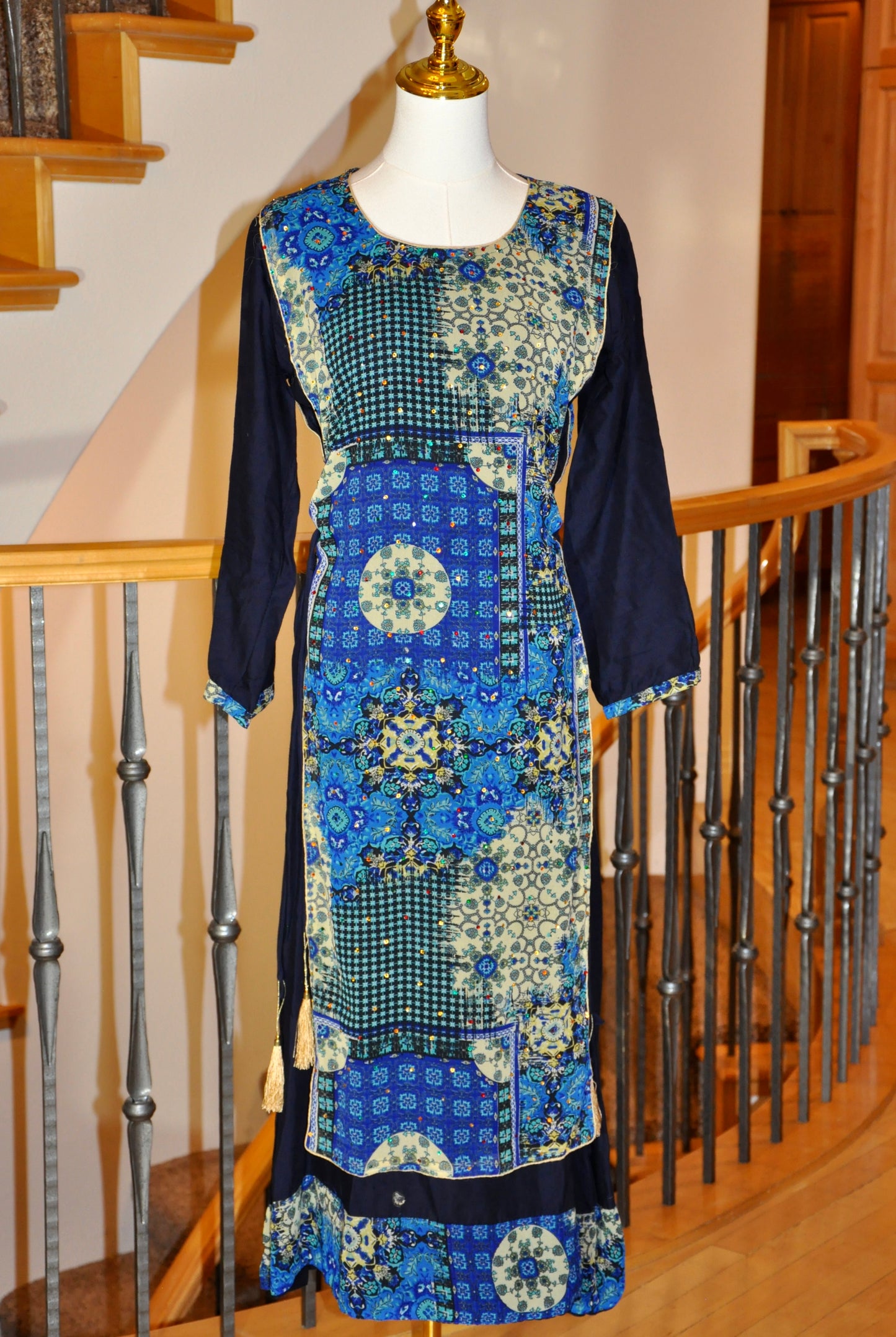 Blue Kurti with Layered Illusion, Criss-Cross Tie & Rhinestone Detailing