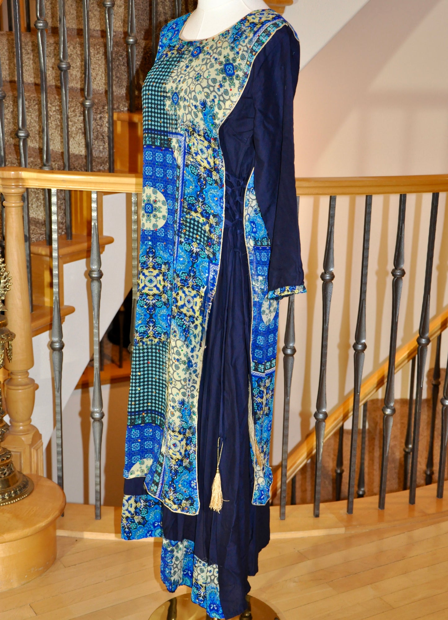 Blue Kurti with Layered Illusion, Criss-Cross Tie & Rhinestone Detailing