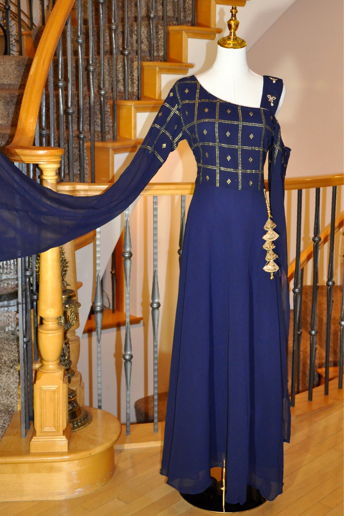 Blue Indo-Western Long Dress with Gold Rhinestone Details & Tassel Accents