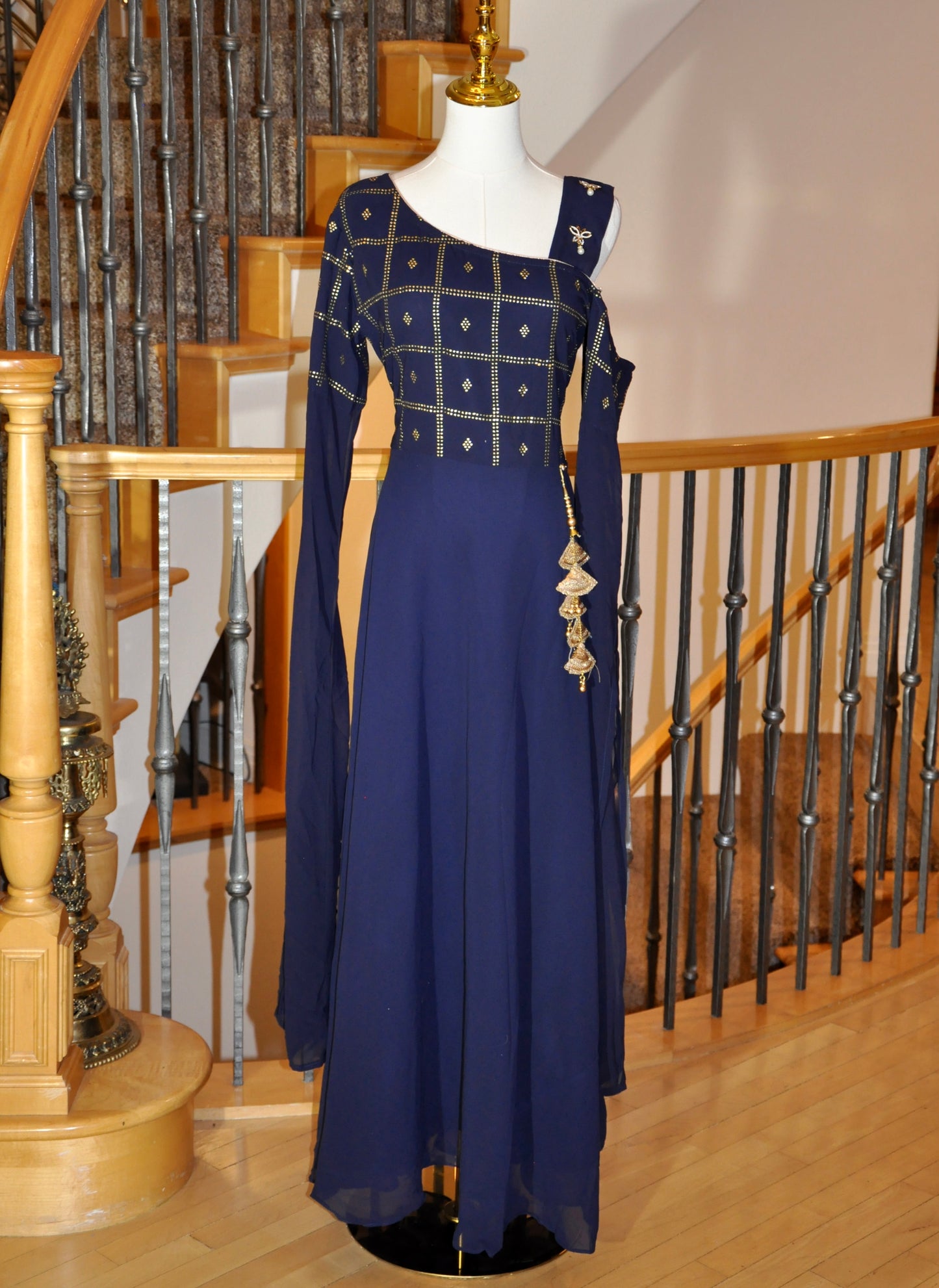 Blue Indo-Western Long Dress with Gold Rhinestone Details & Tassel Accents