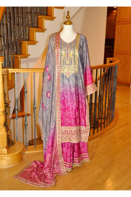 Pink & Grey Kurta Set with Heavy Zari & Sequin Embroidery and Intricate Prints