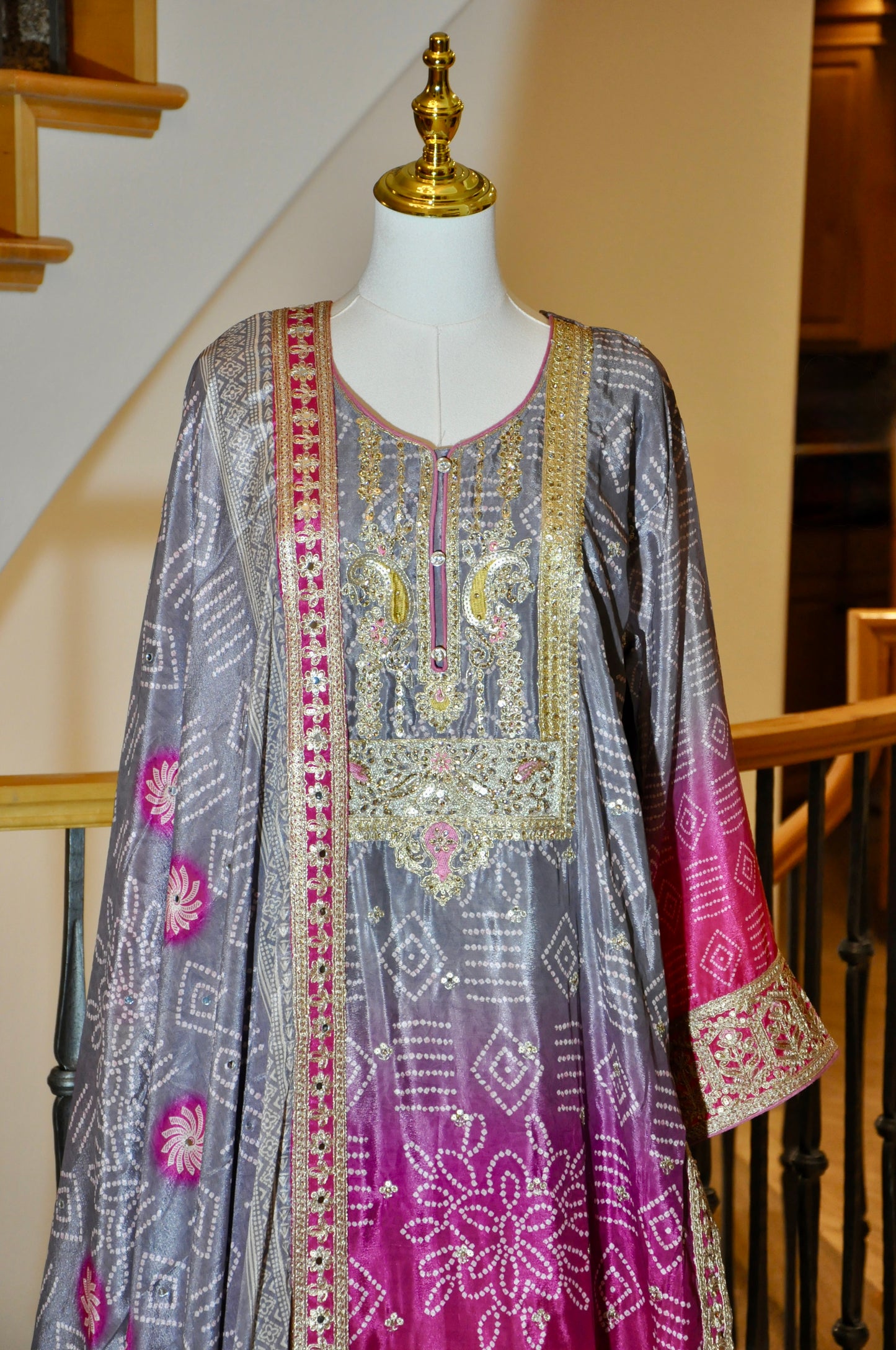 Pink & Grey Kurta Set with Heavy Zari & Sequin Embroidery and Intricate Prints