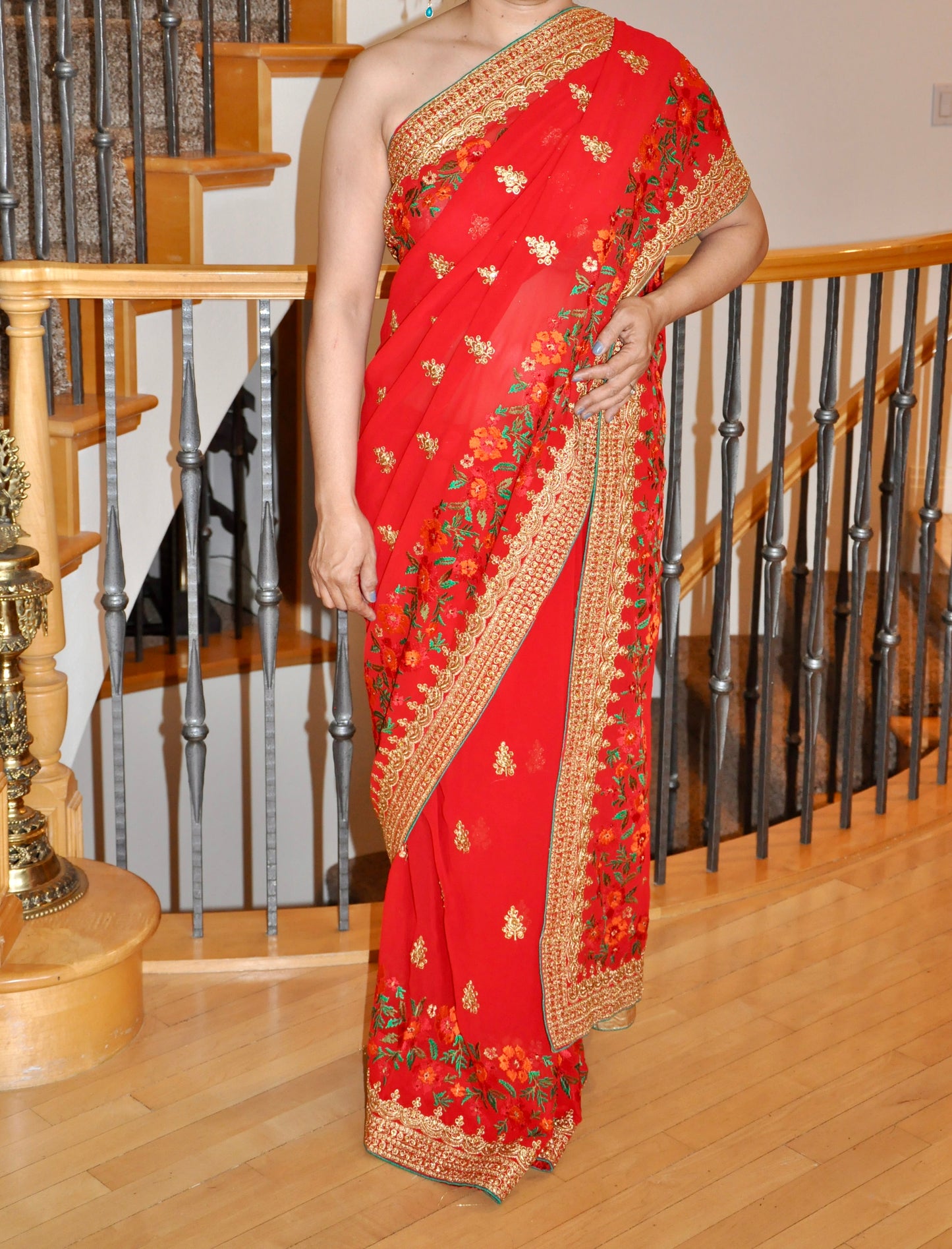 Red Saree with Gold Border and Floral Embroidery