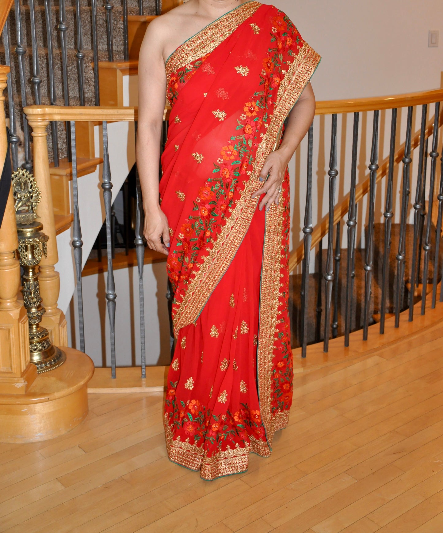 Red Saree with Gold Border and Floral Embroidery