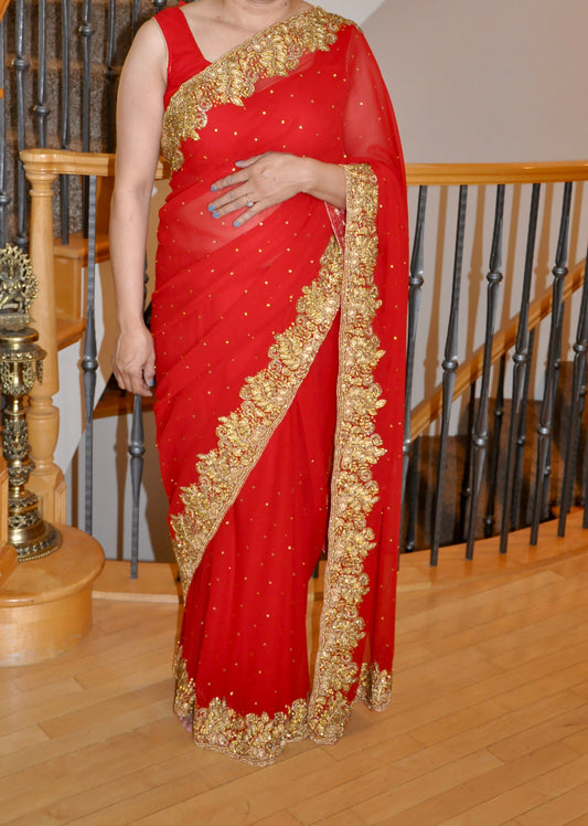 Red Saree with Heavy Gold Border Rhinestone Embroidery Matching Blouse