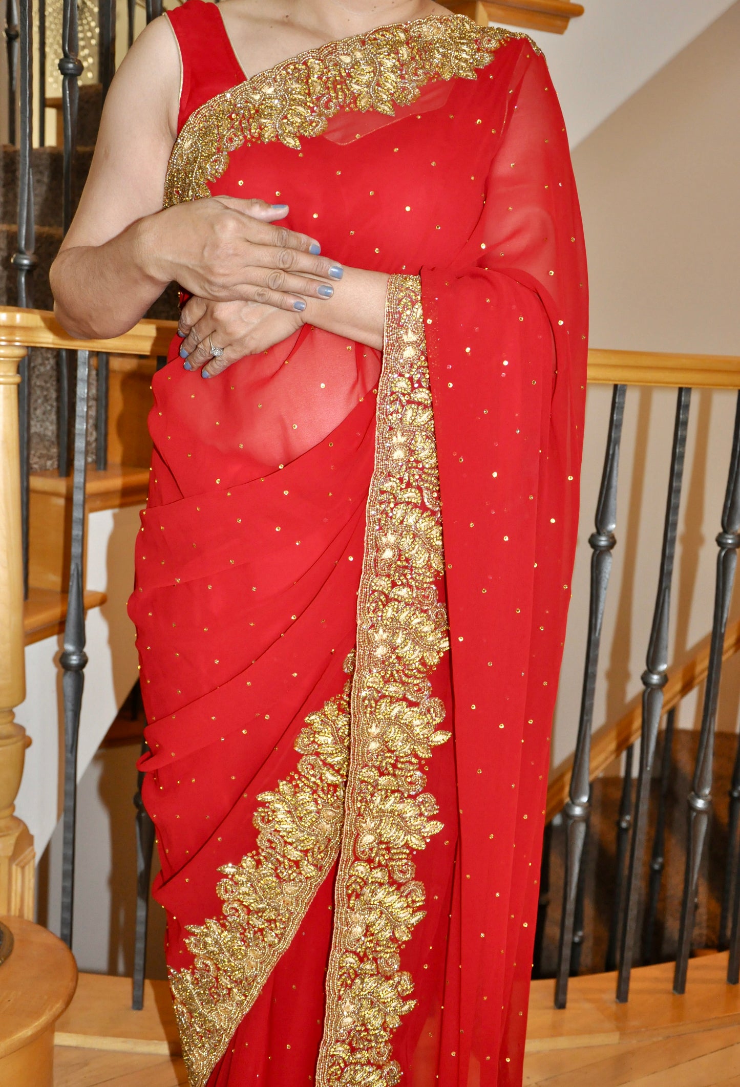 Red Saree with Heavy Gold Border Rhinestone Embroidery Matching Blouse