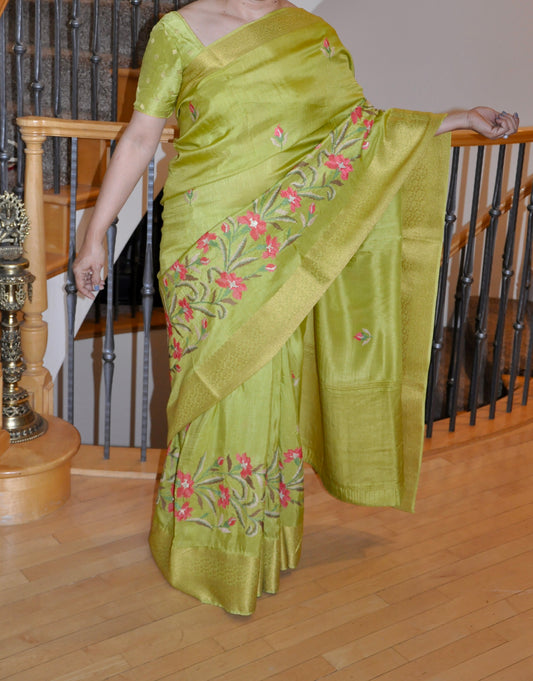 Lime Green Saree Matching Blouse with Pink Floral Design