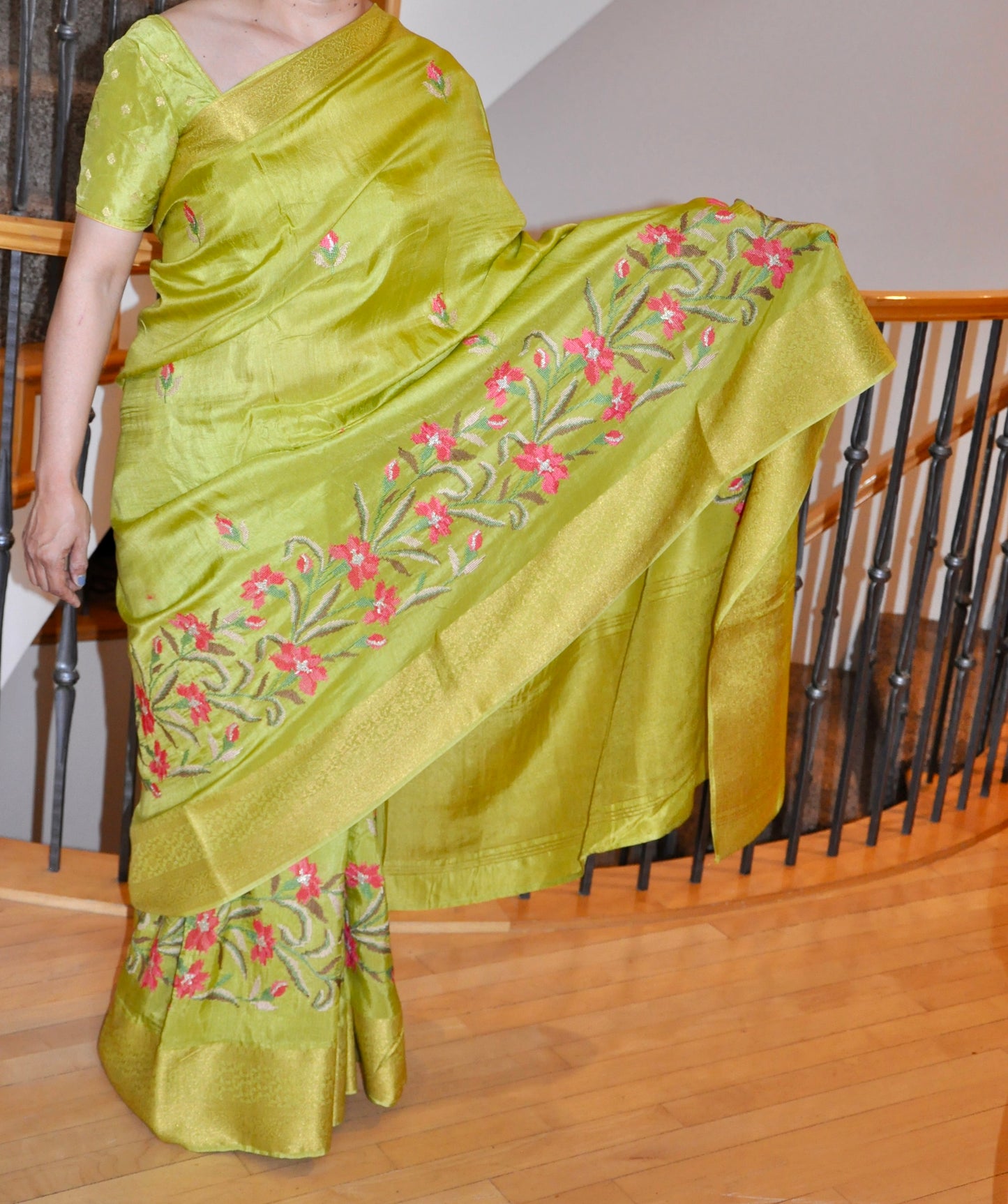 Lime Green Saree Matching Blouse with Pink Floral Design