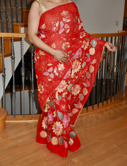 Red Saree with Sequin Floral Embroidery