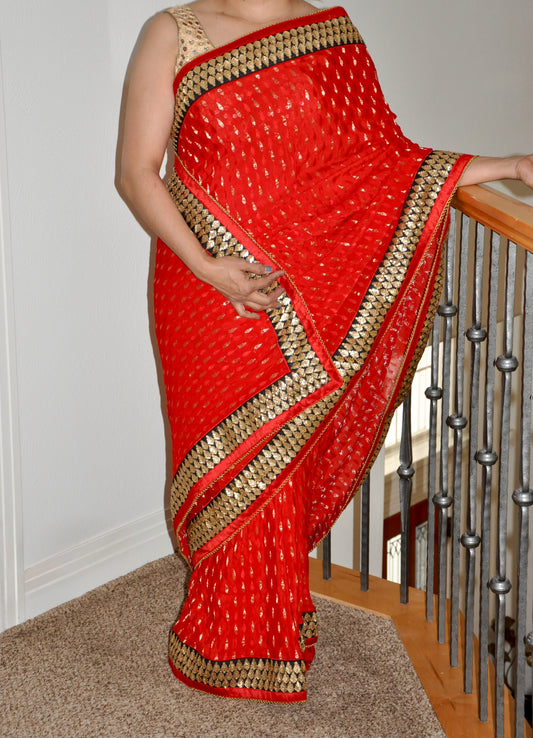 Red Saree with Shiny Gold Embroidery Border and Black Accents