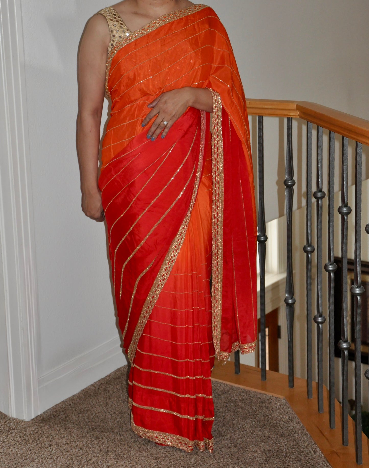 Two-Tone Red and Orange Saree with Gold Embroidery Border