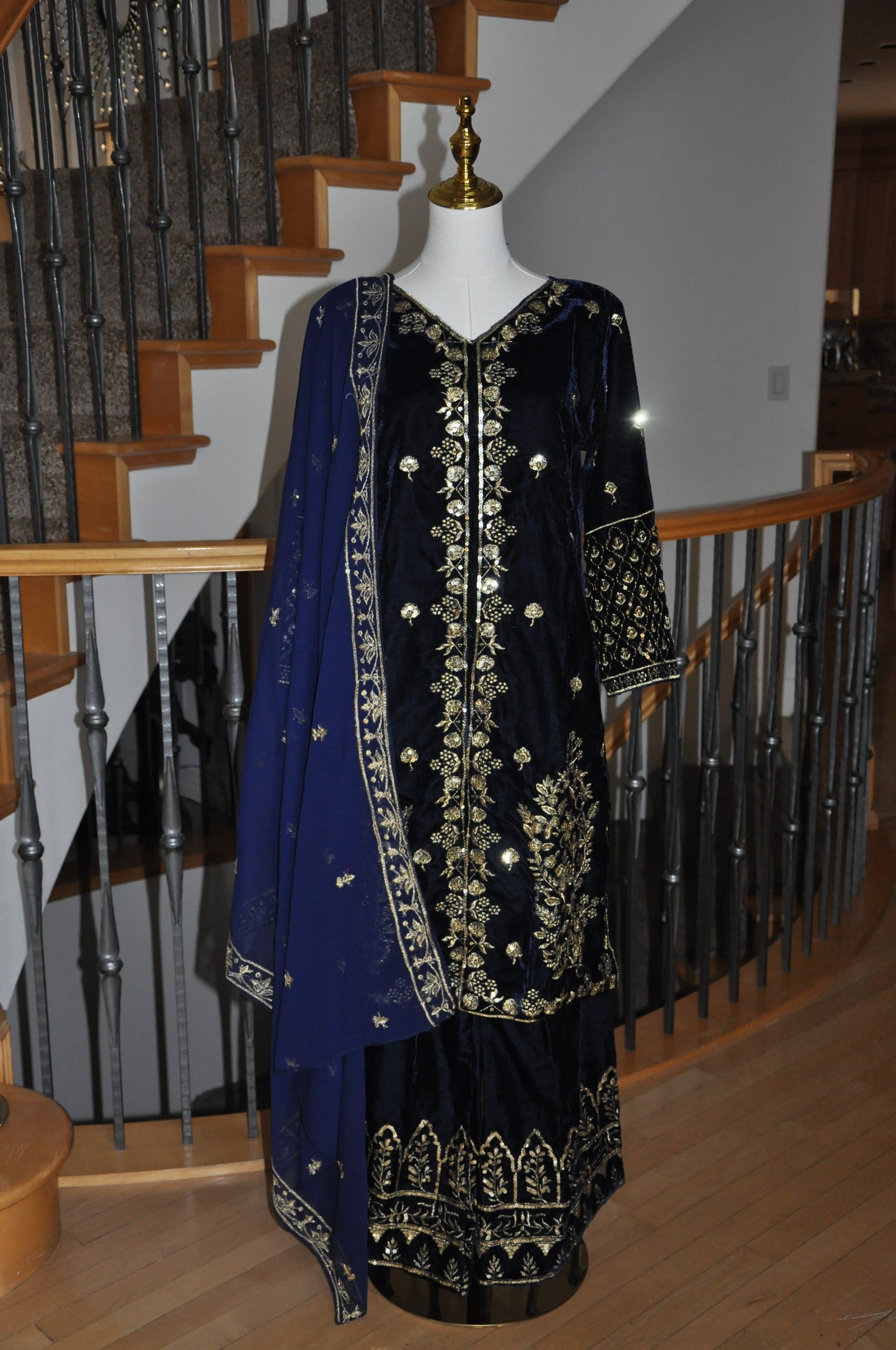 Royal Blue Velvet Kurta Set with Gold Accents & Flared Bottoms