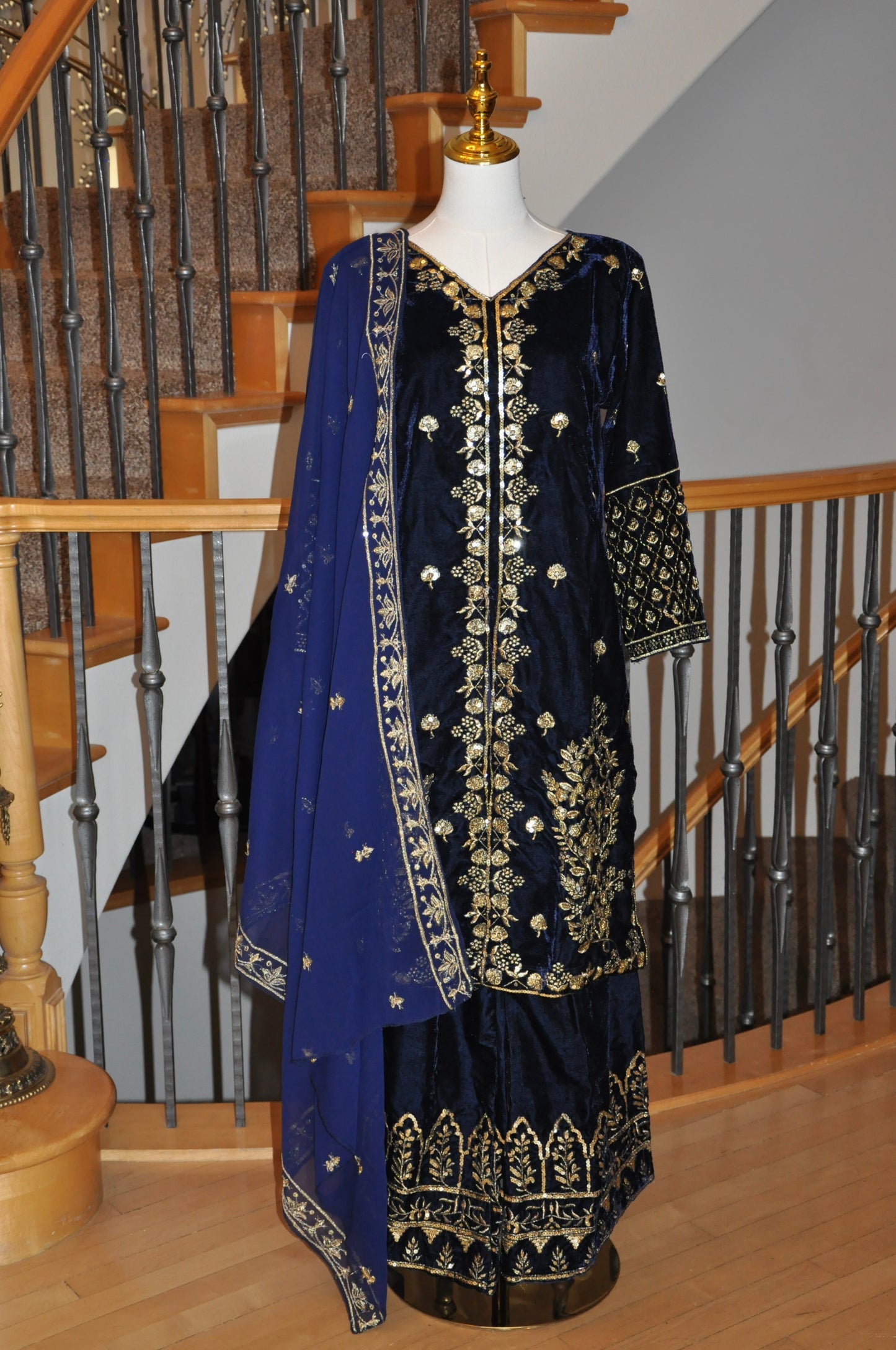 Royal Blue Velvet Kurta Set with Gold Accents & Flared Bottoms