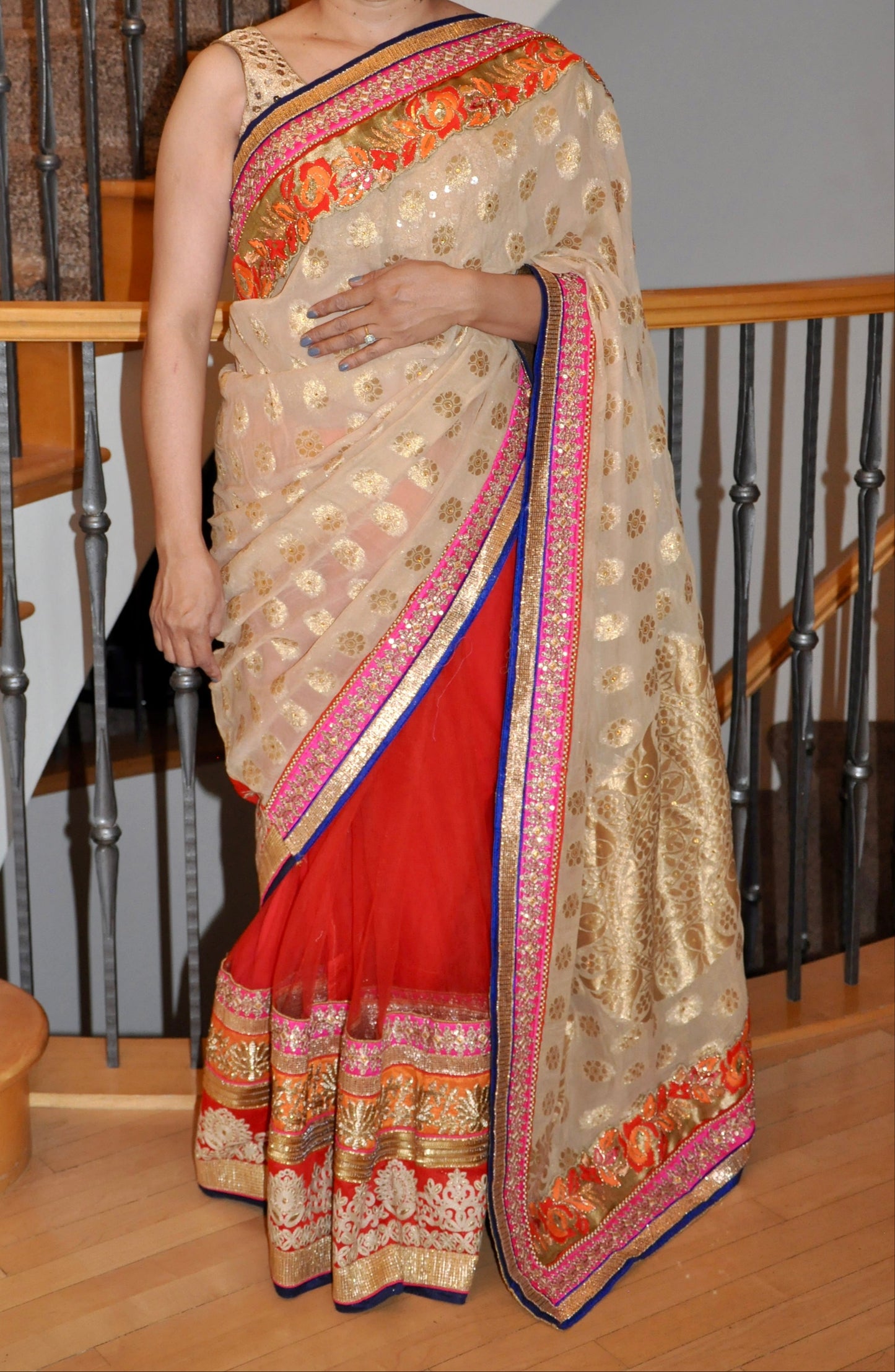 Cream Red Multicolor Printed Saree with Gold Pink Blue Orange Accents