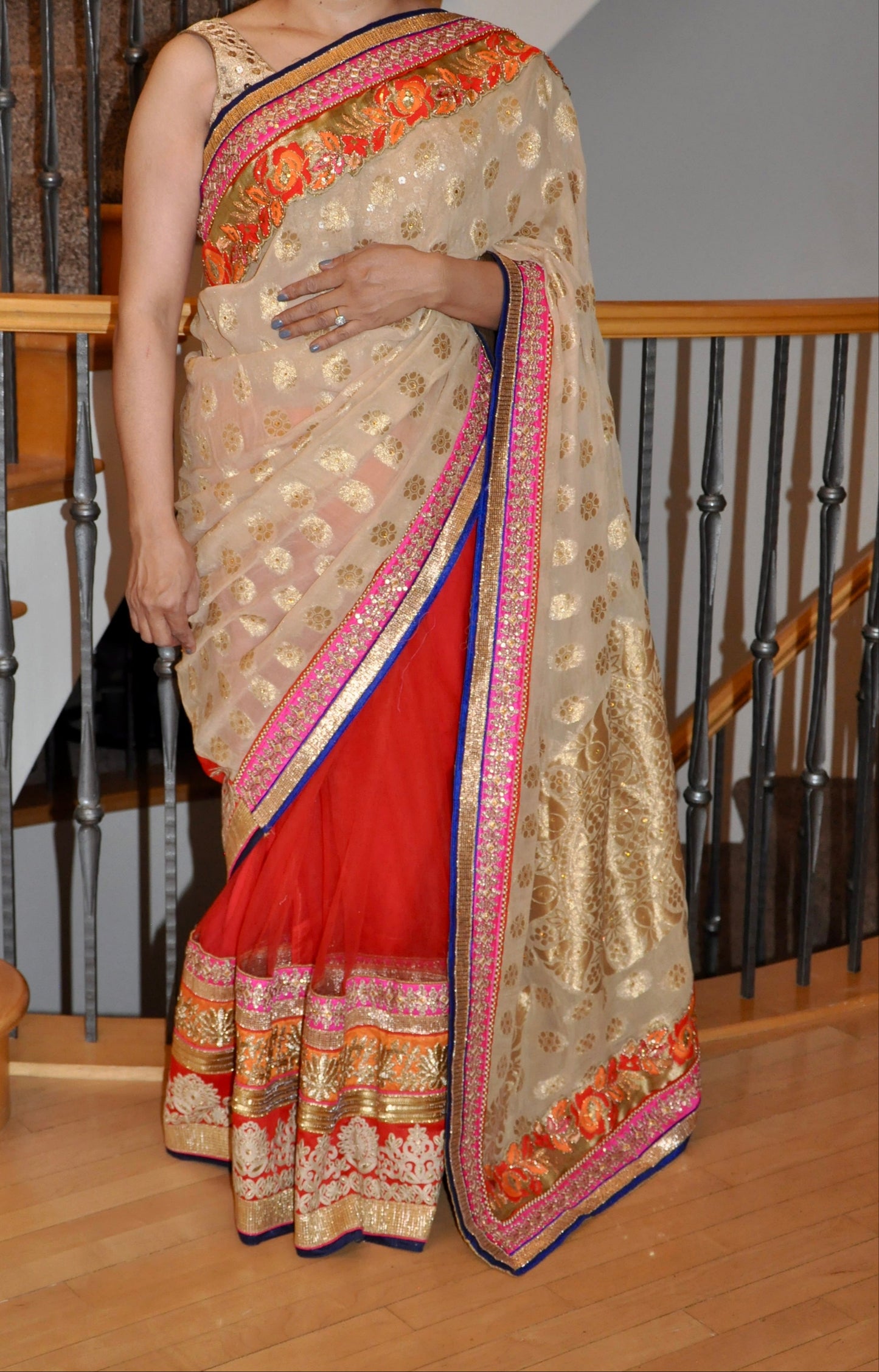 Cream Red Multicolor Printed Saree with Gold Pink Blue Orange Accents