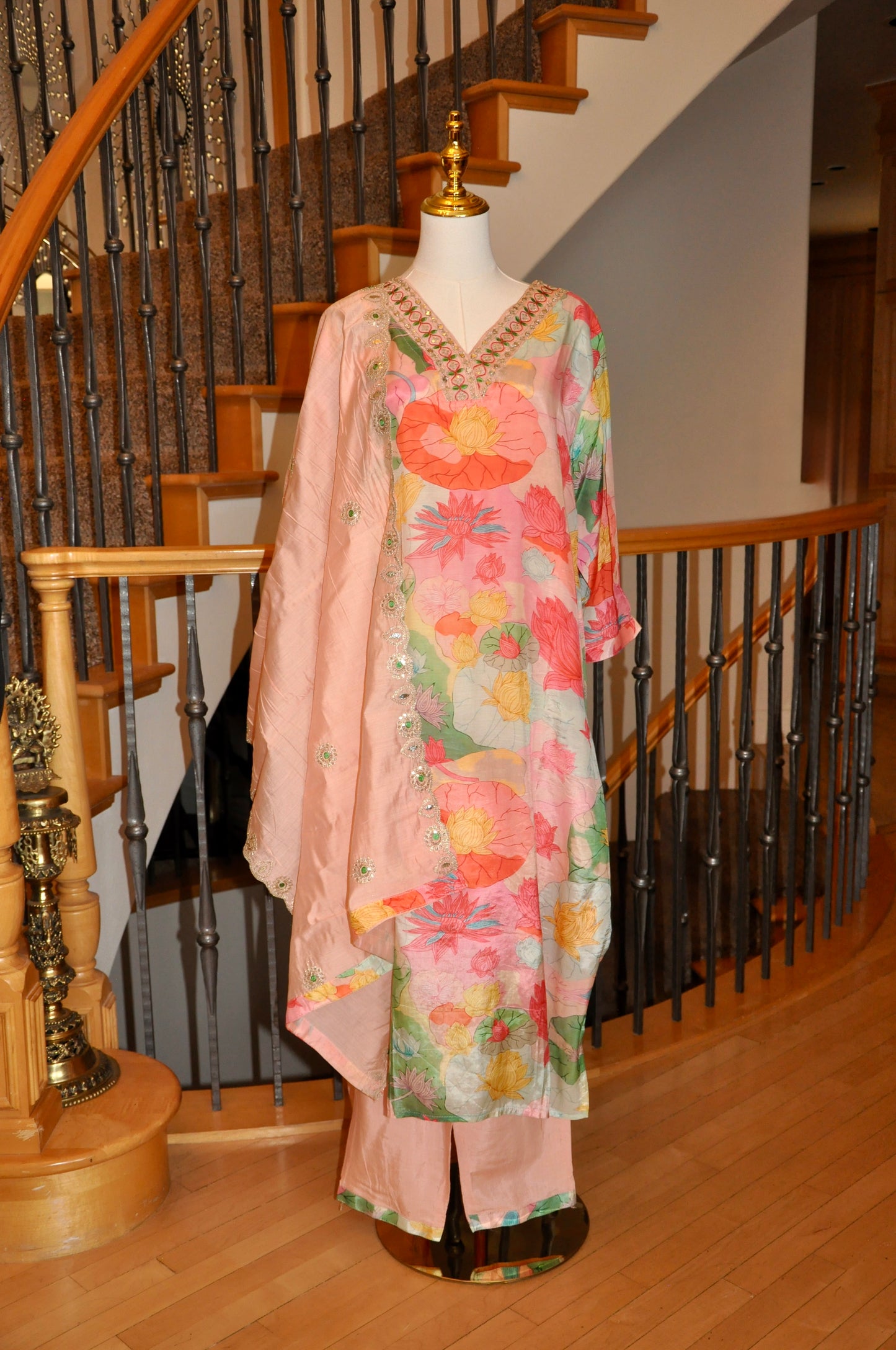 Pastel Pink Kurta Set with Watercolor Multicolor Floral Prints & Shawl