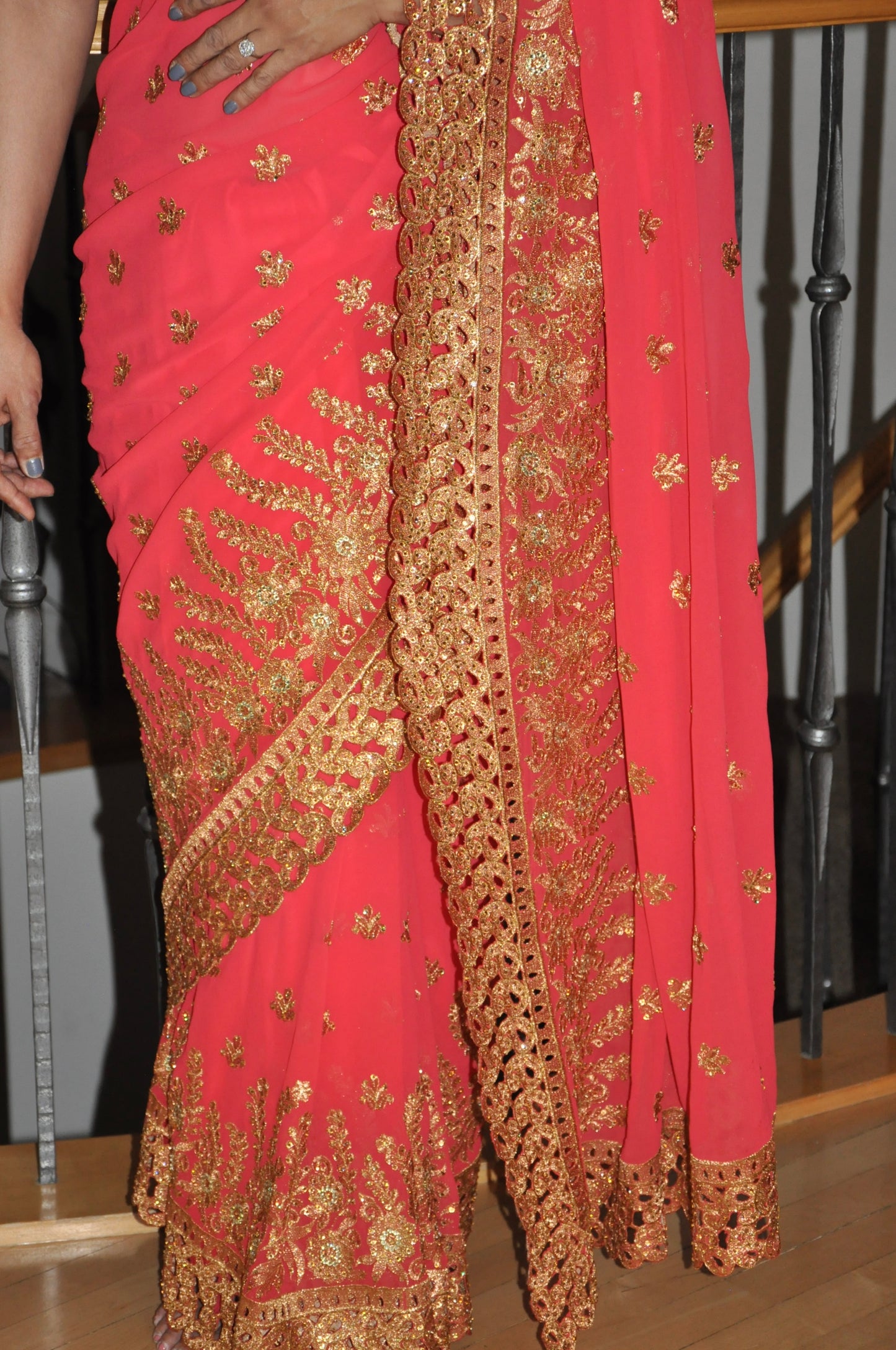 Trendy  Pink Saree with Shiny Glitter Gold Border & Gold Prints