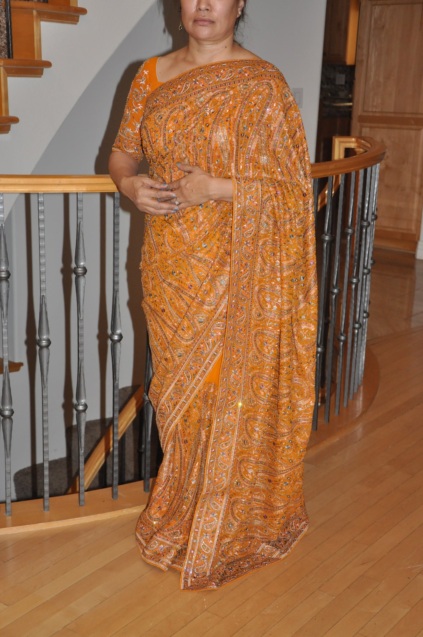 Orange Saree with Paisley & Floral Prints, Rhinestone Detailing (With Blouse)