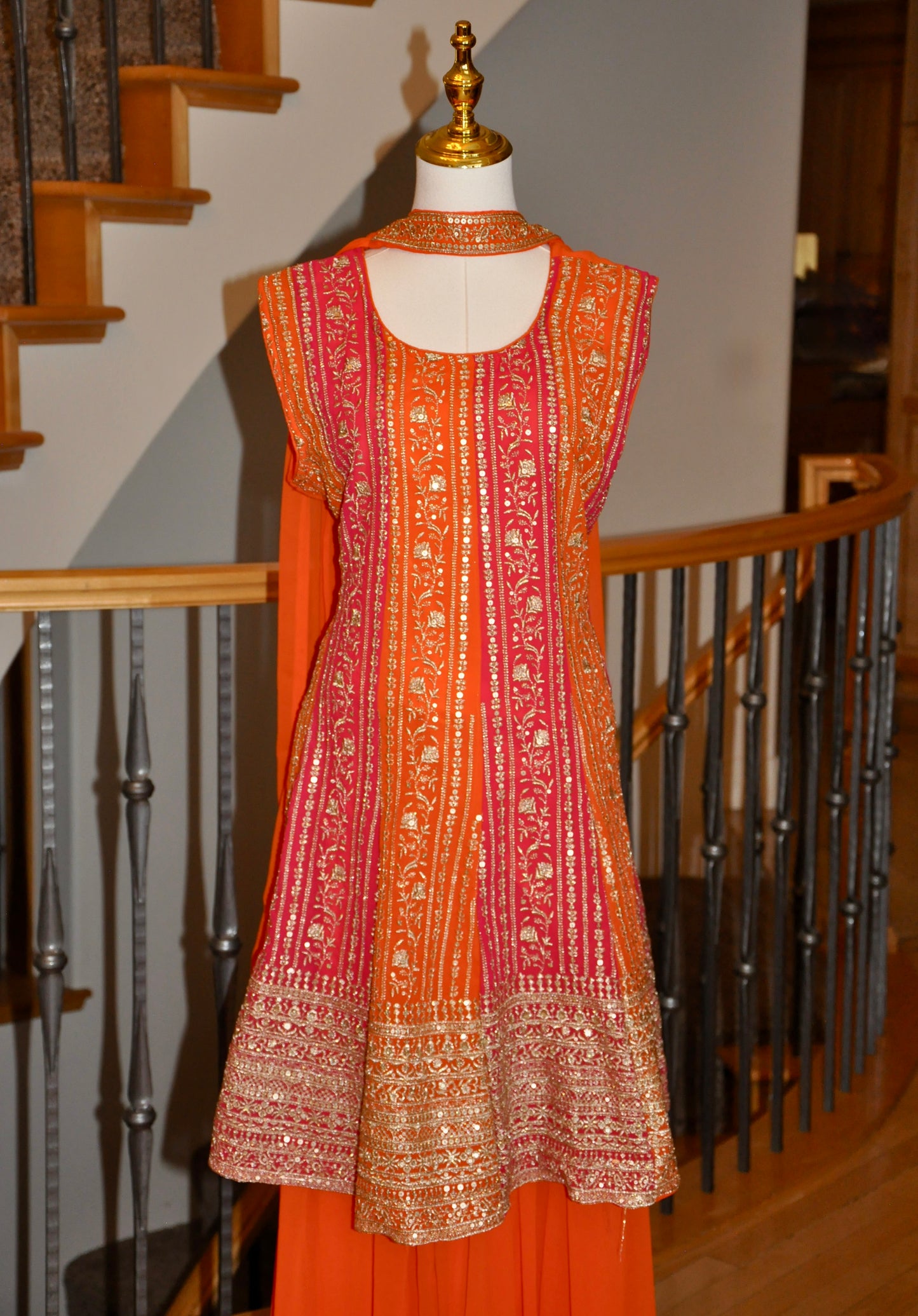 Orange & Pink Kurta Set with Zari Embroidery, Choker Style Shawl & Flowy Pants