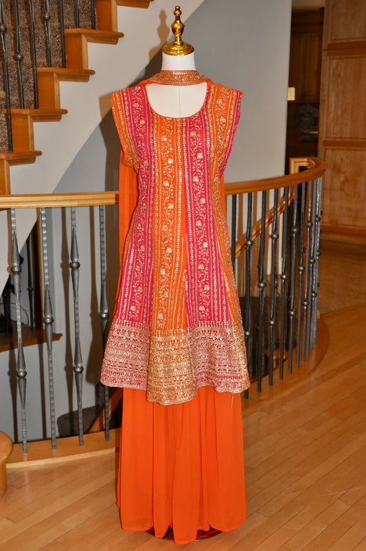 Orange & Pink Kurta Set with Zari Embroidery, Choker Style Shawl & Flowy Pants