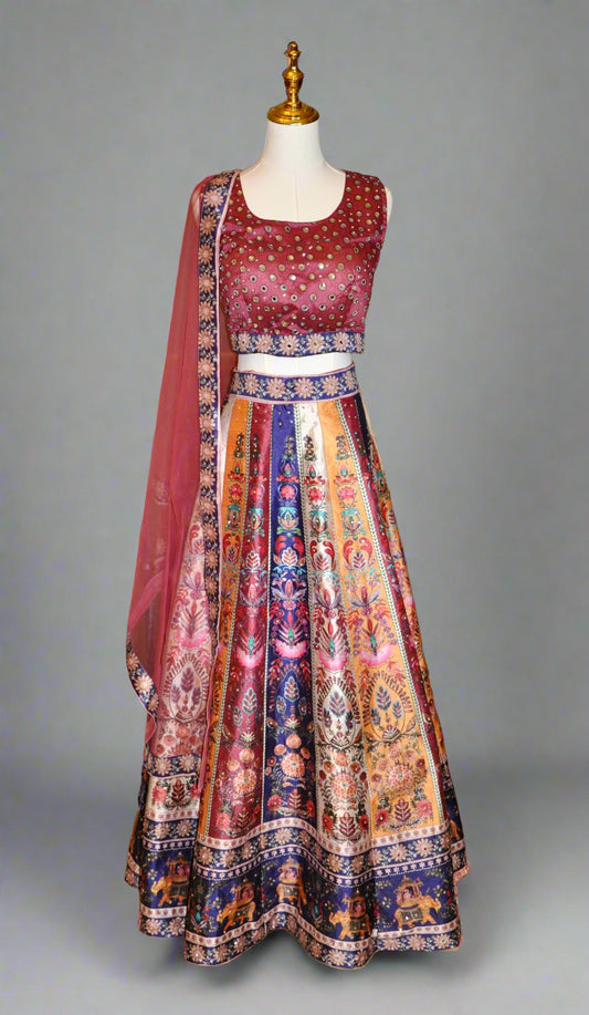 Trendy Pink Multicolor Floral Lehenga 3 Piece Set with Gold Detailing