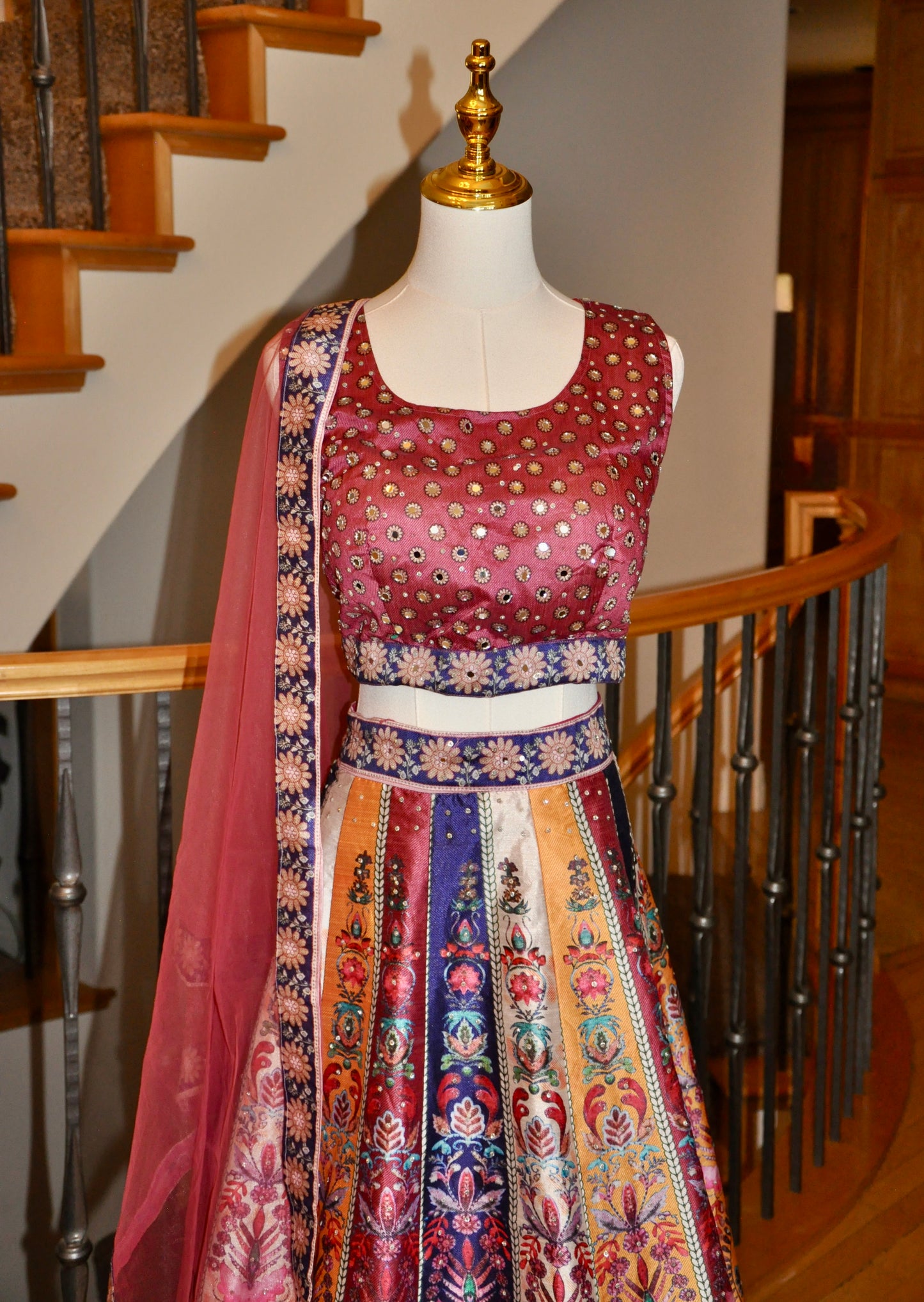 Trendy Pink Multicolor Floral Lehenga 3 Piece Set with Gold Detailing