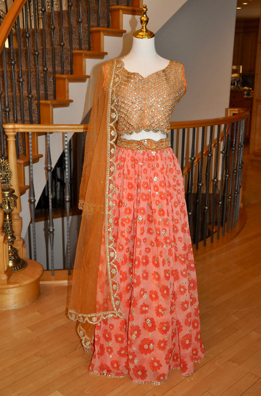 Floral Orange Lehenga Set with Zari Gold Embroidery & Sheer Shawl