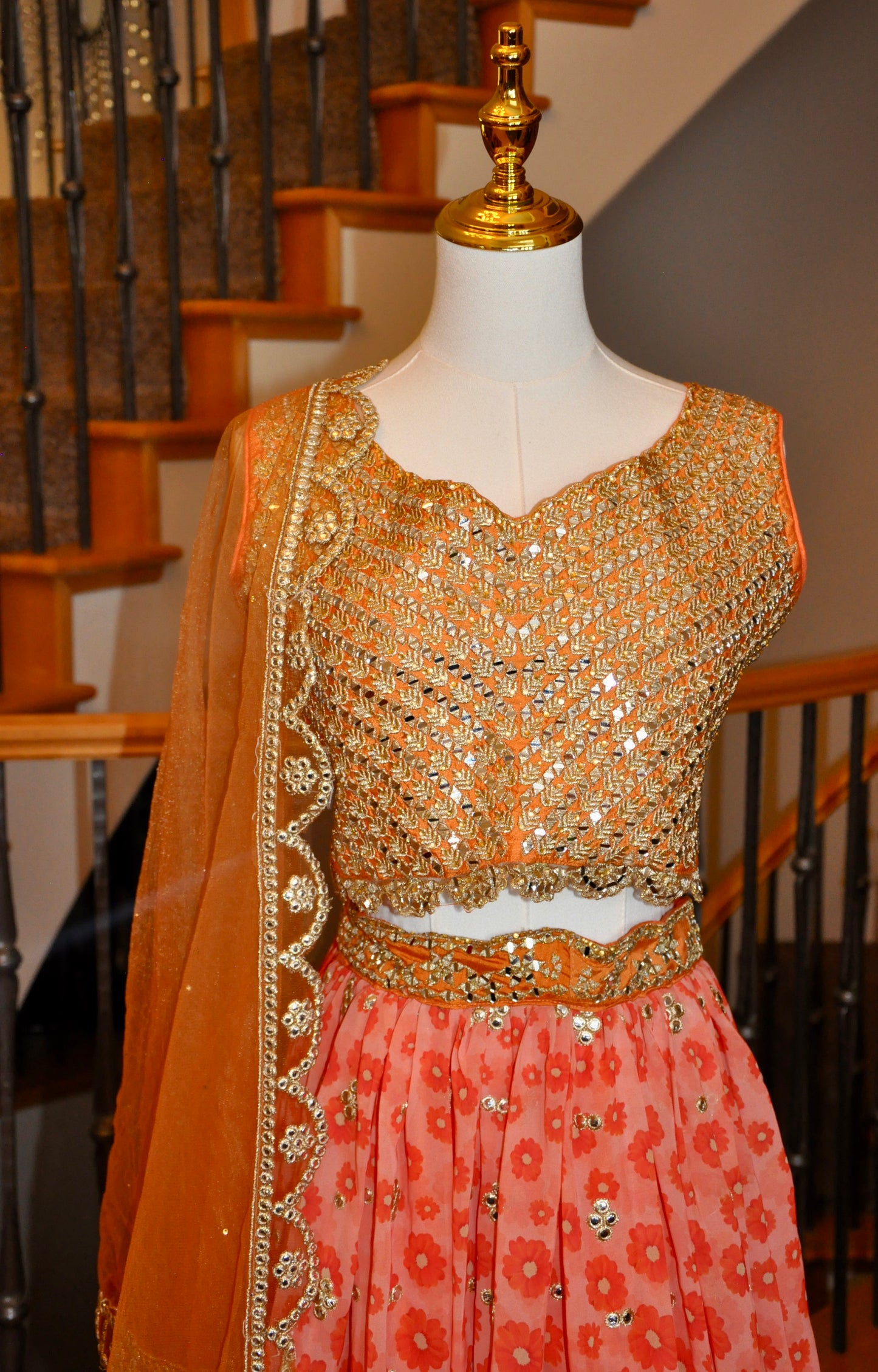 Floral Orange Lehenga Set with Zari Gold Embroidery & Sheer Shawl